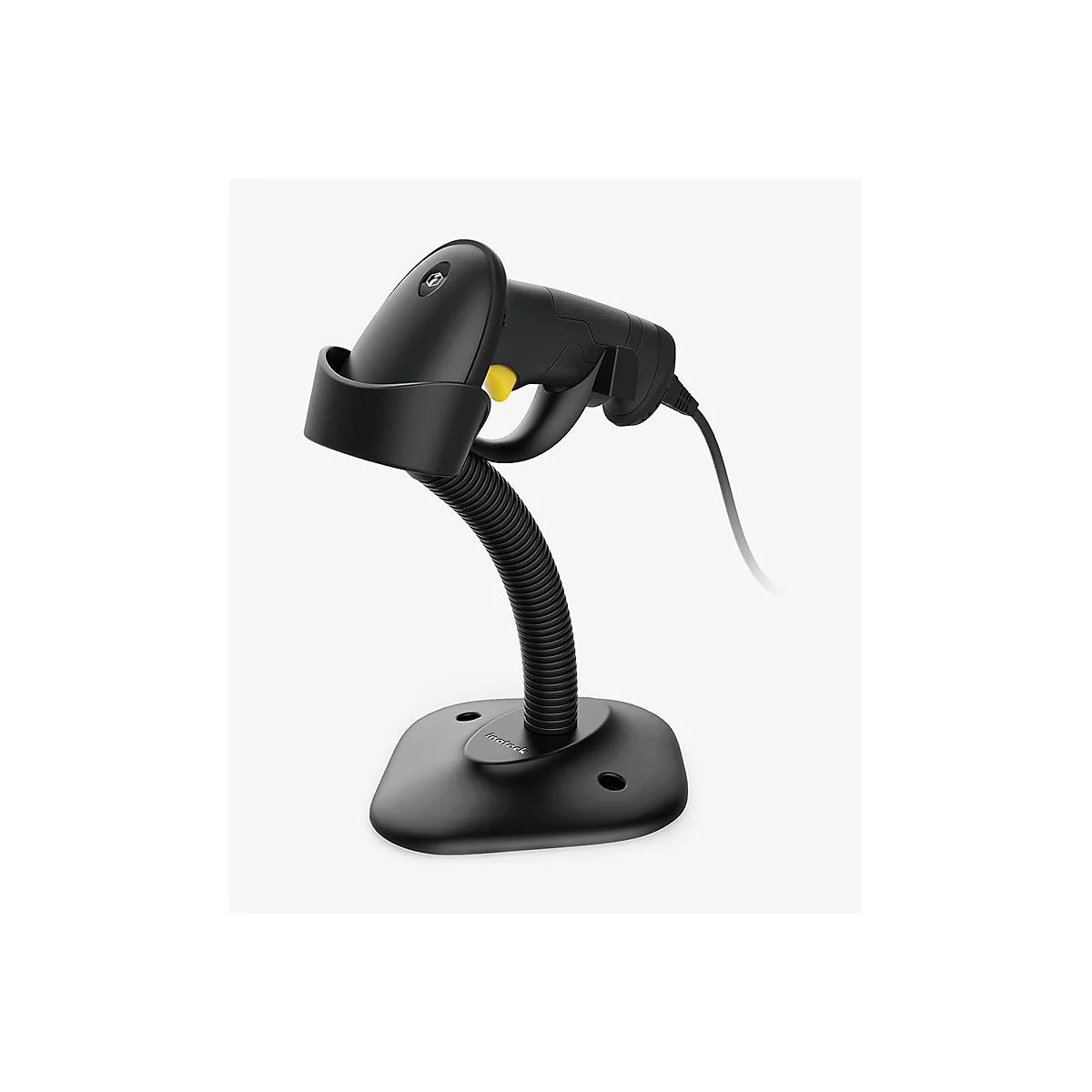 Schwarzer Barcode-Scanner in Halterung, gelber Knopf.