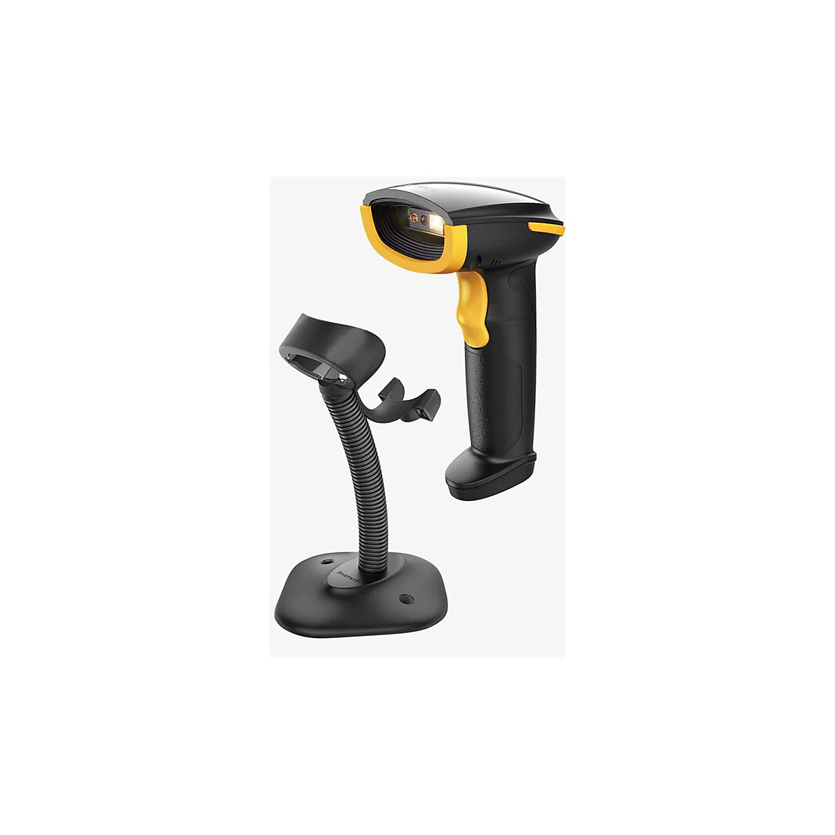 Ein schwarzer Barcodescanner mit gelben Akzenten und einer Dockingstation. Der Scanner ist angehoben.