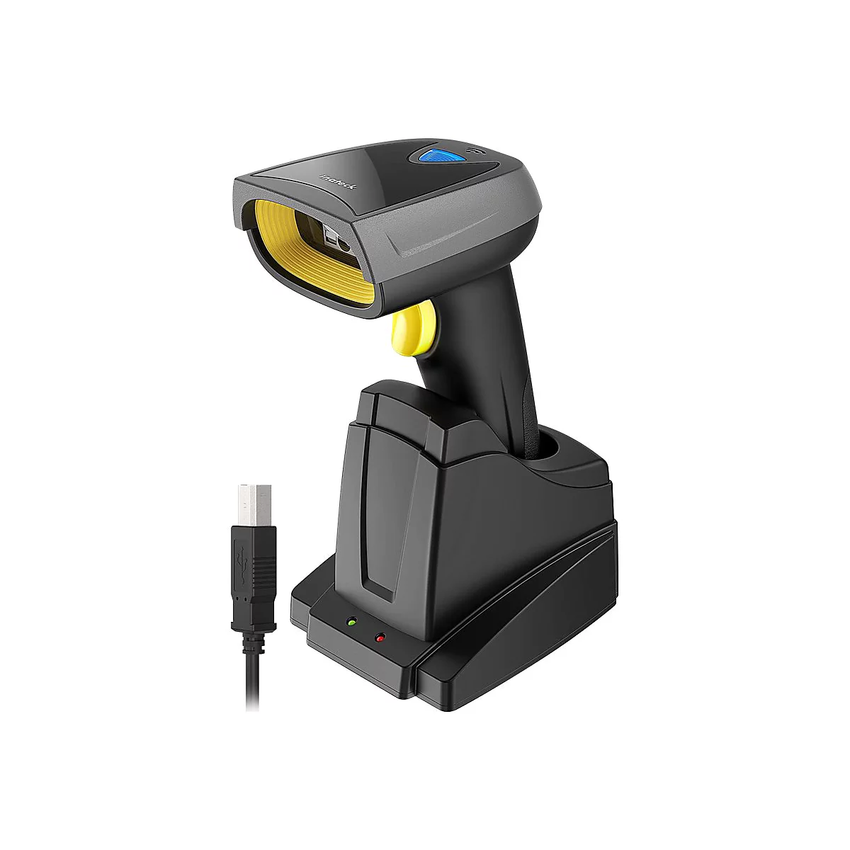 Ein Barcode-Scanner in Schwarz und Grau, mit gelbem Lesebereich. Ein USB-Kabel liegt daneben, in der Halterung sind Lichter.