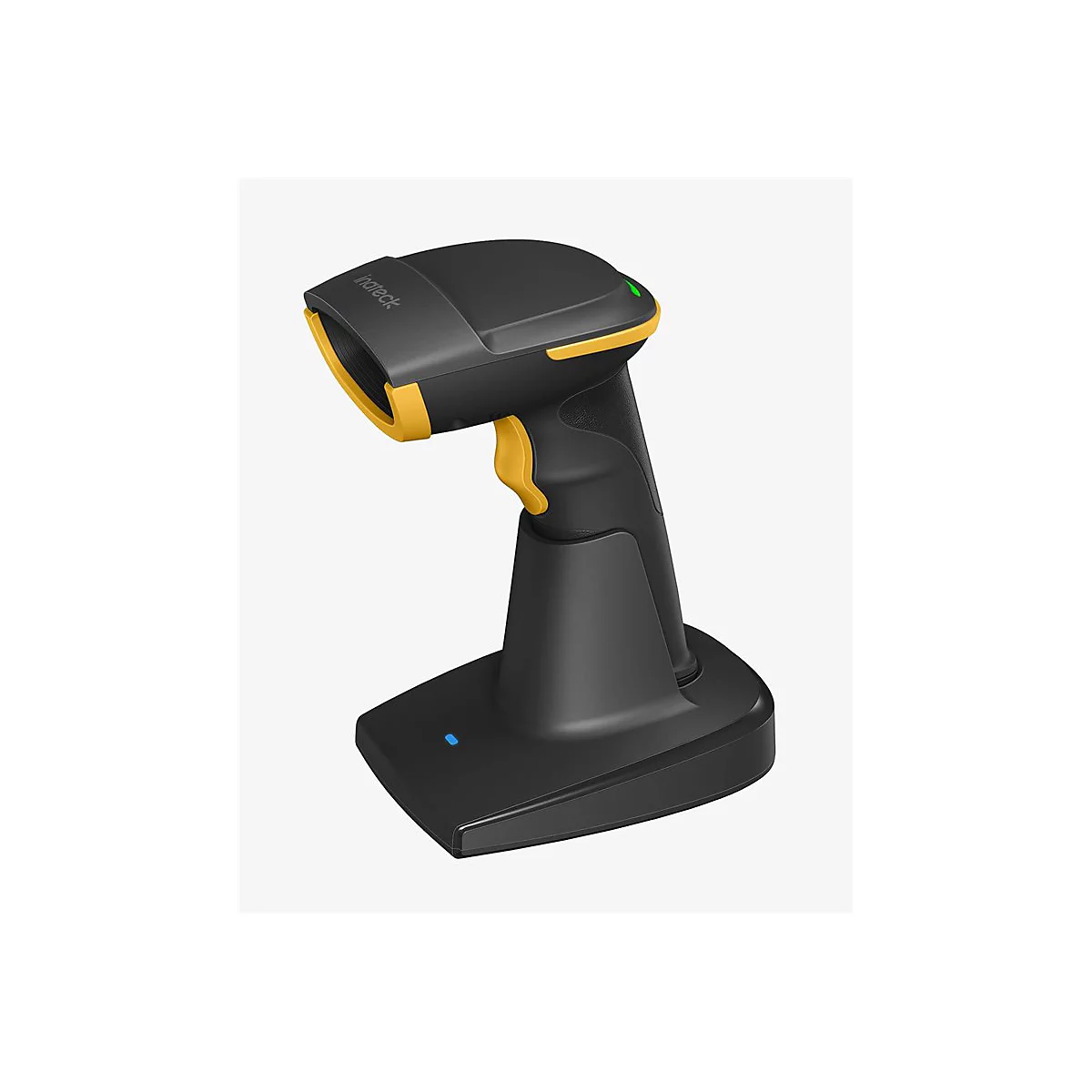 Schwarzer Barcode-Scanner mit gelben Akzenten und Ladestation. Aufschrift: "hatek".