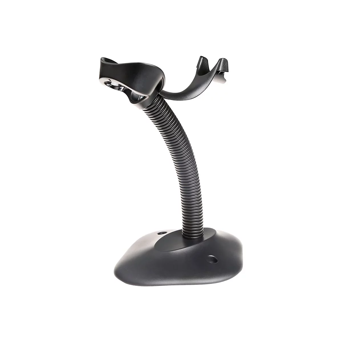 Schwarzer Barcode-Scanner mit flexiblem Hals und Standfuß.