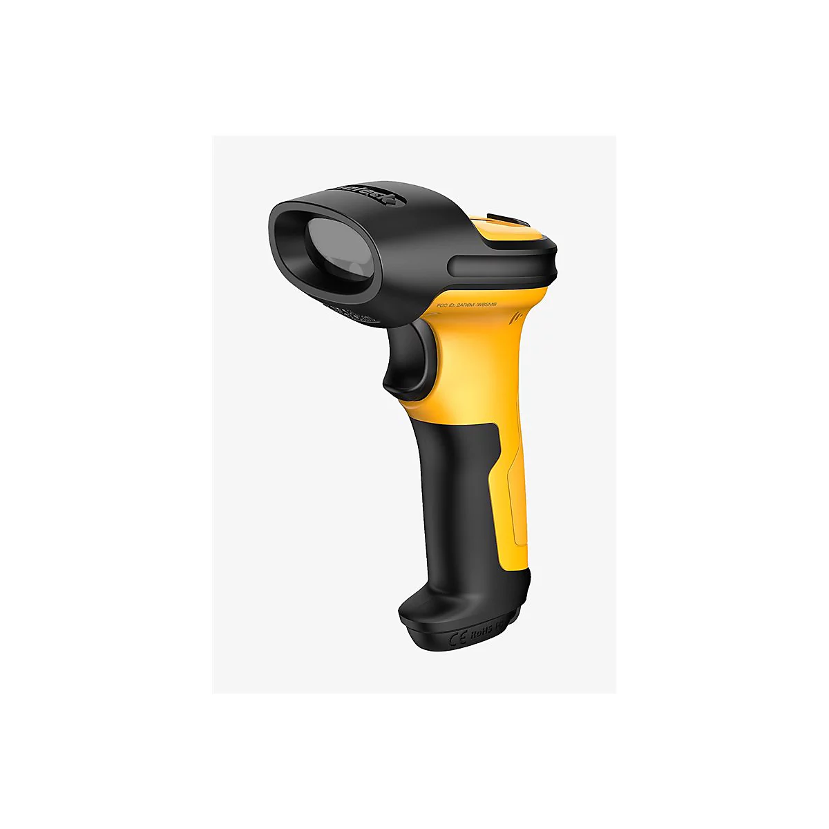 Gelb-schwarzer Barcode-Scanner vor weißem Hintergrund. Der Scanner ist ergonomisch geformt und hat einen Scan-Kopf.