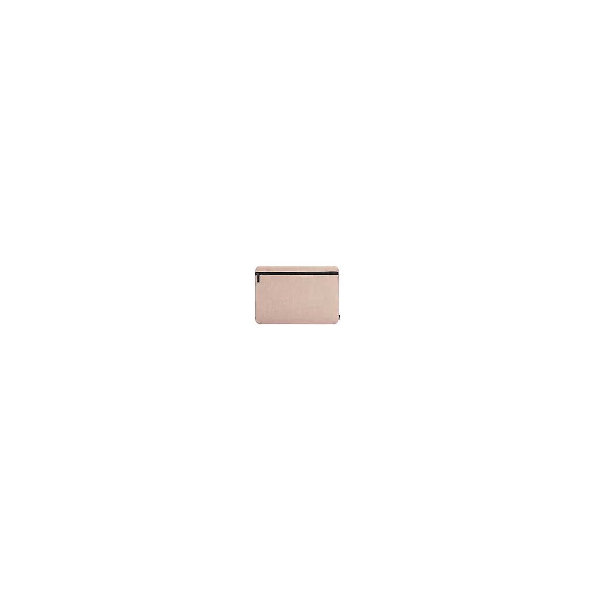 Beige Laptoptasche mit schwarzem Reißverschluss und Logo.