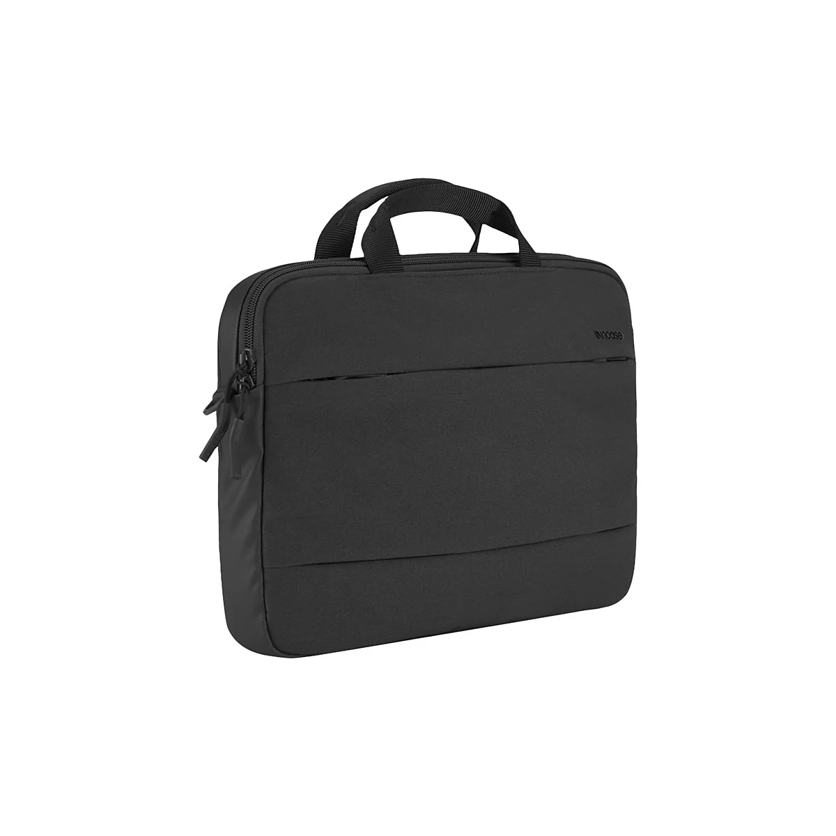 Schwarze Laptoptasche mit Tragegriff. Reißverschluss und Logo auf der Vorderseite.