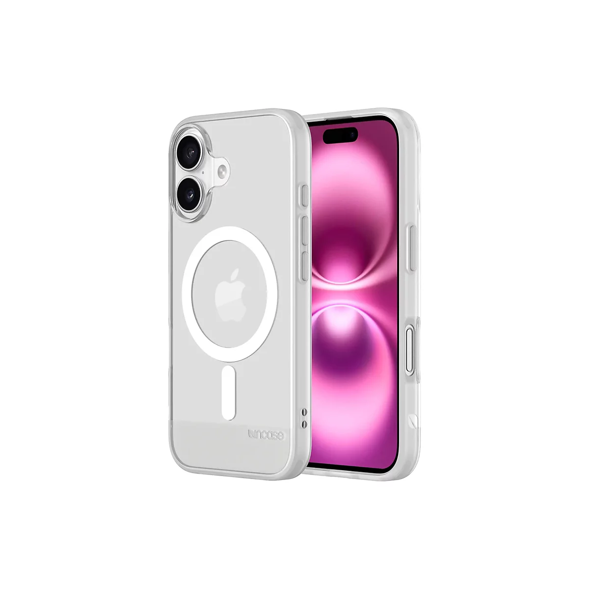 Une coque d'iPhone transparente montrant un iPhone. Elle présente le logo Apple et la marque Incase.