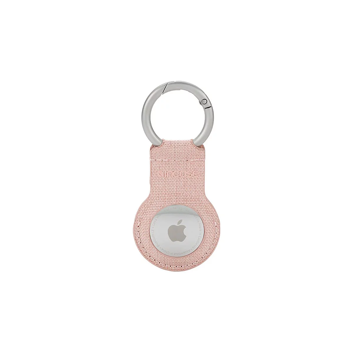 Hellrosa Apple AirTag mit silberfarbenem Karabinerhaken.