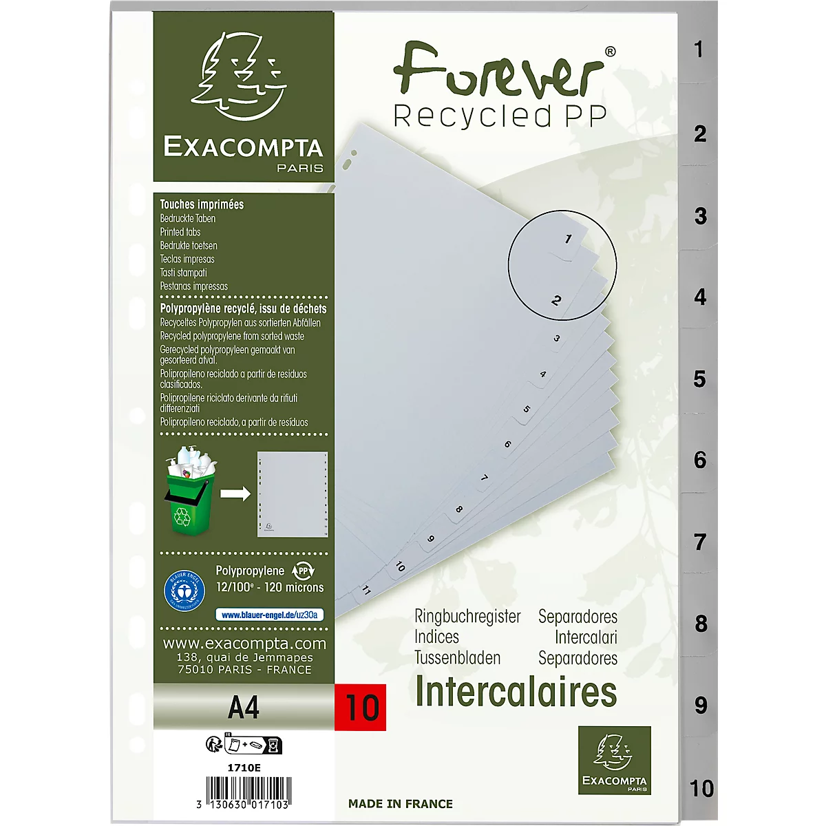 Indexen Exacompta 1710E, formaat A4, universele perforatie, tabbladen 1-10, B 225 x H 297 mm, Blauwe Engel, gerecycleerde kunststof, grijs