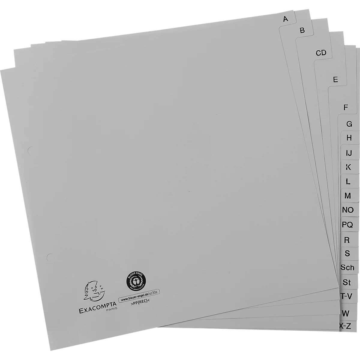 Indexen Exacompta 1723B, A4 half formaat, 2-gaats perforatie, tabbladen A-Z, B 225 x H 210 mm, Blauwe Engel, gerecycleerde kunststof, grijs