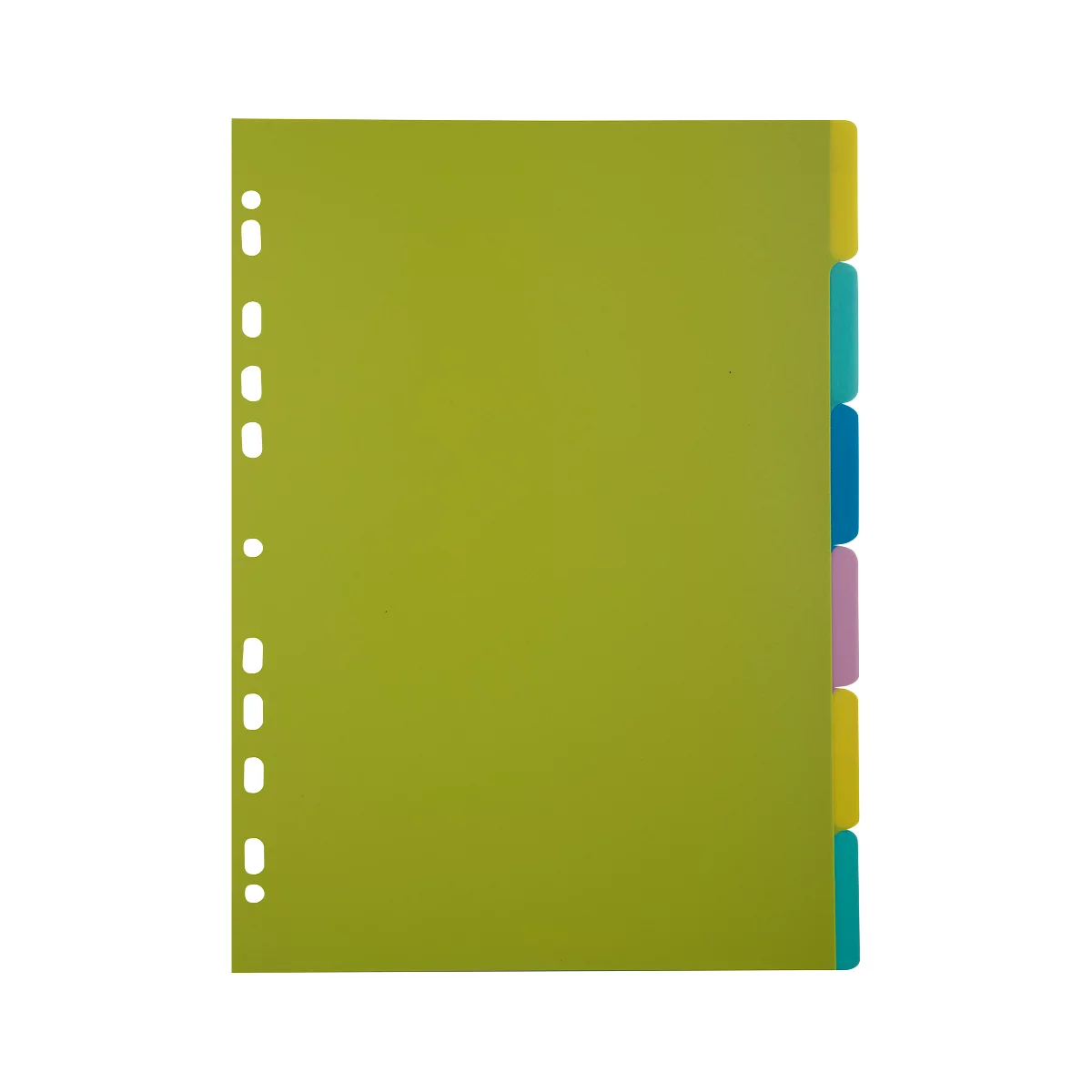 Lichtgroene documenthoes met gekleurde tabbladen. Perforatie aan de linkerkant voor het archiveren.