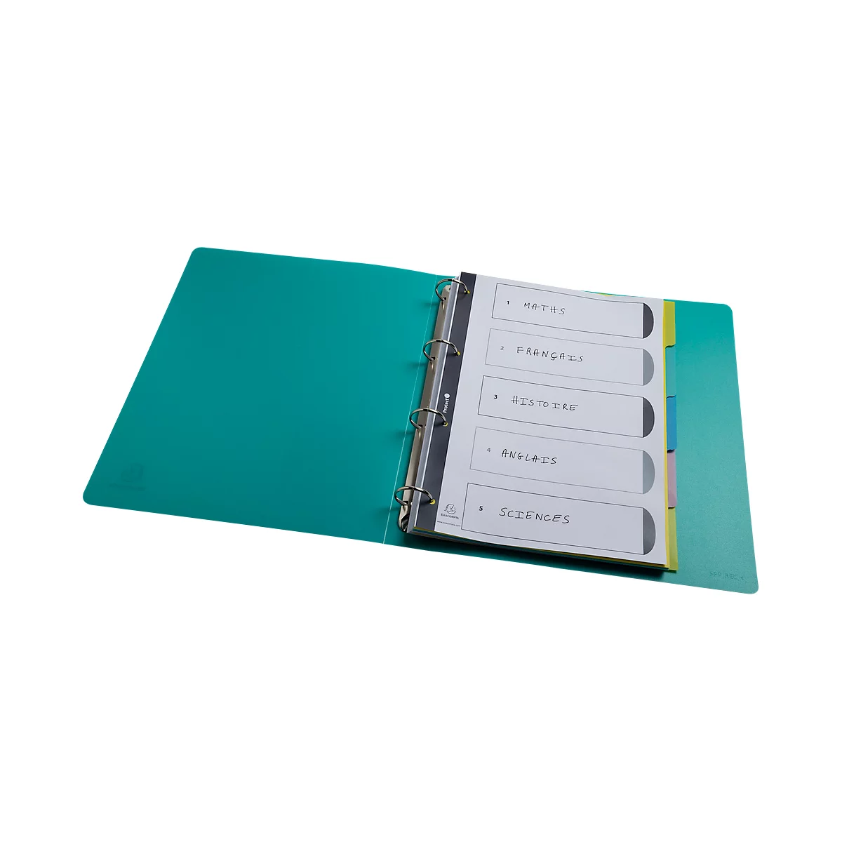 Blau-groene map, open, met tabbladen voor wiskunde, Frans, geschiedenis, analyse en wetenschappen.