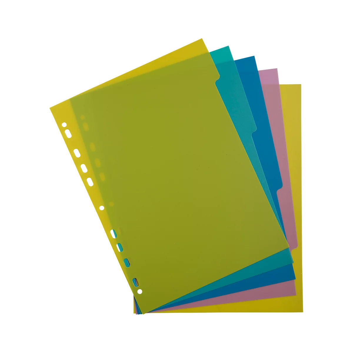 Meerkleurige transparante insteekhoezen, geel, groen, blauw en roze. De gele heeft perforaties.