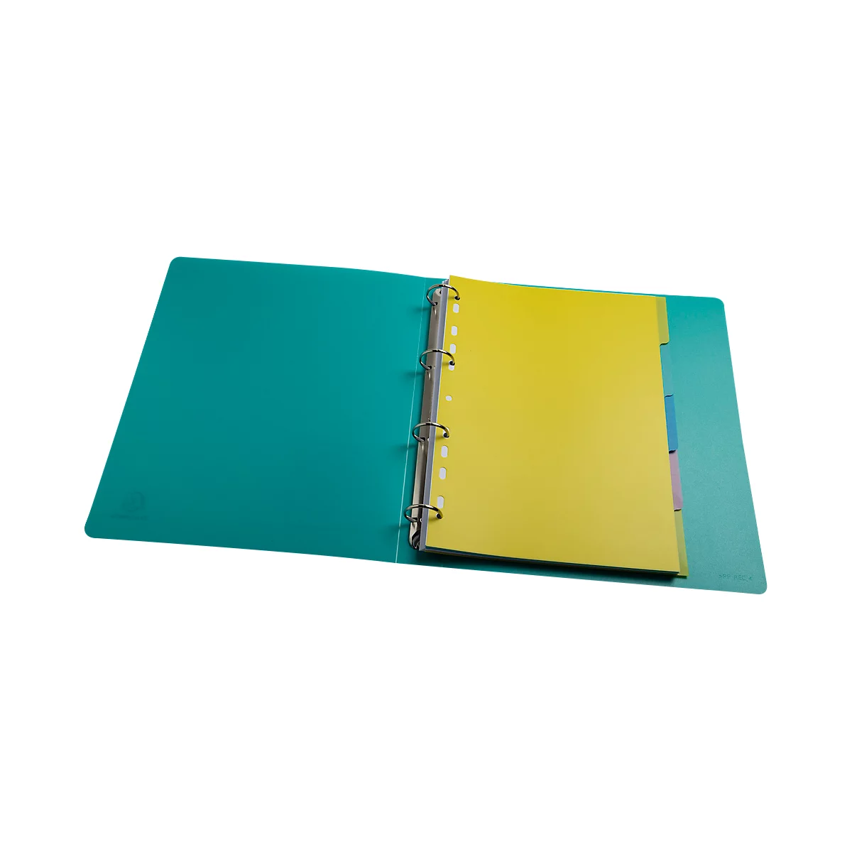 Open turquoise ordner met geel papier en verdelers. Zilveren ringen en heldere achtergrond.