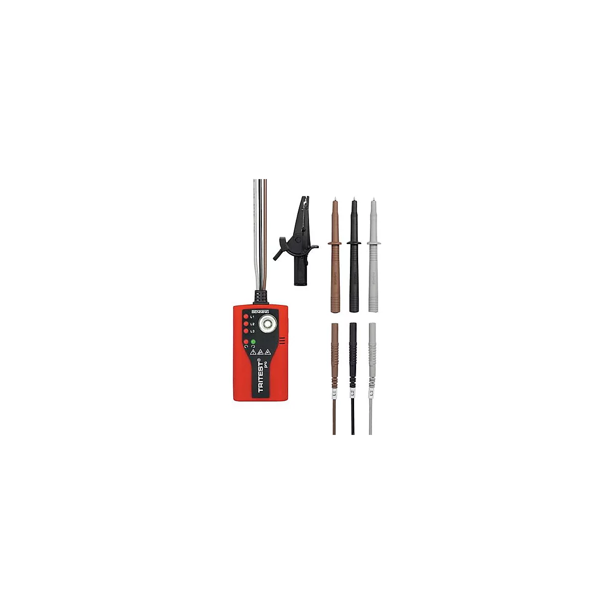 Appareil de mesure TRITEST pro rouge avec pointes de touche et pince crocodile. Affichage pour L1, L2, L3 et voyant d'avertissement.