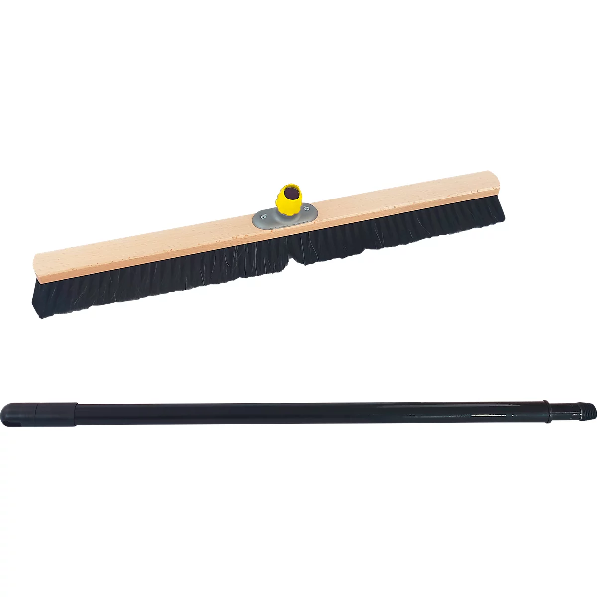 Broom with wooden handle and black bristles, below a black telescopic handle.
