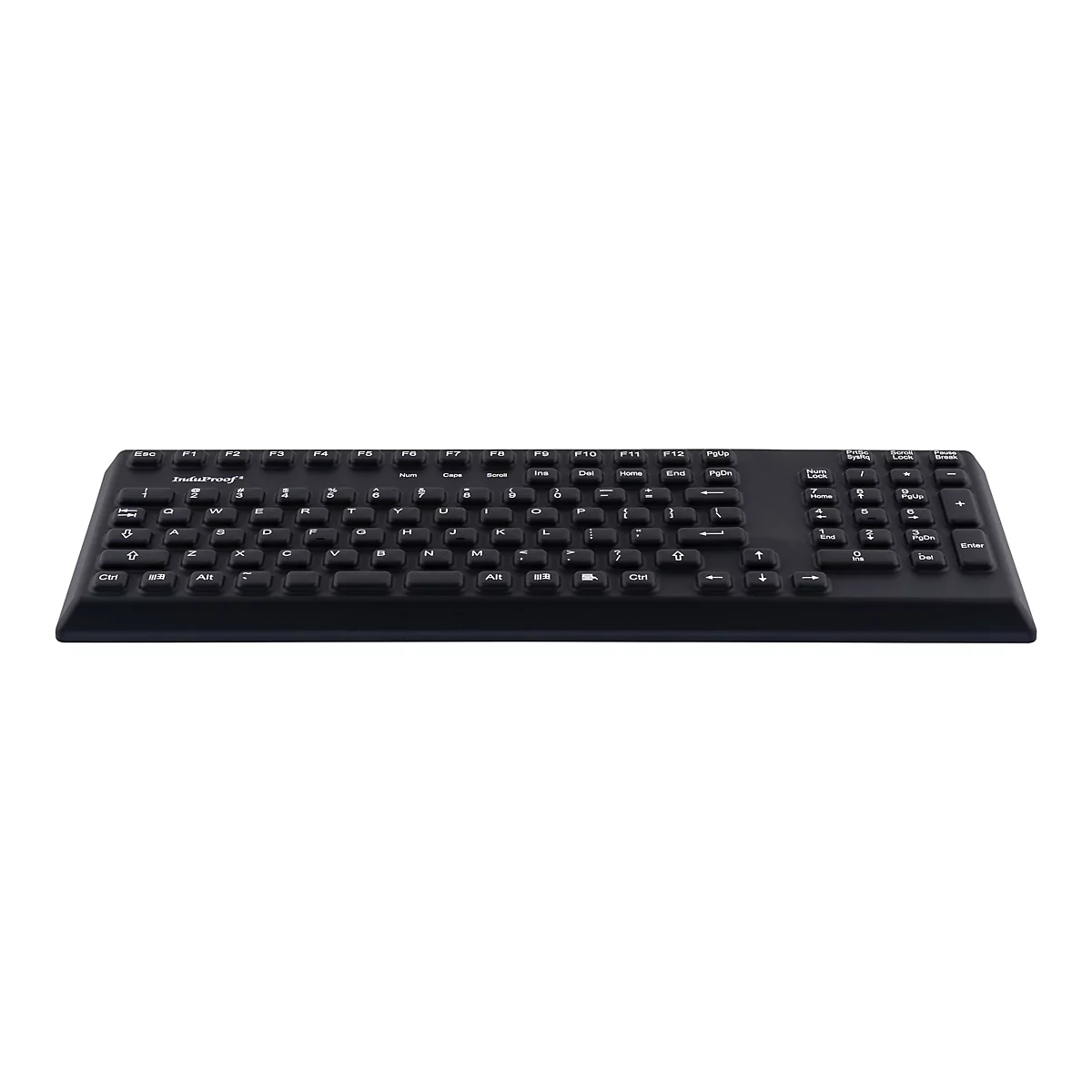 Schwarze Computertastatur, Tasten mit weiÃŸer Schrift. Steht vor weiÃŸem Hintergrund.
