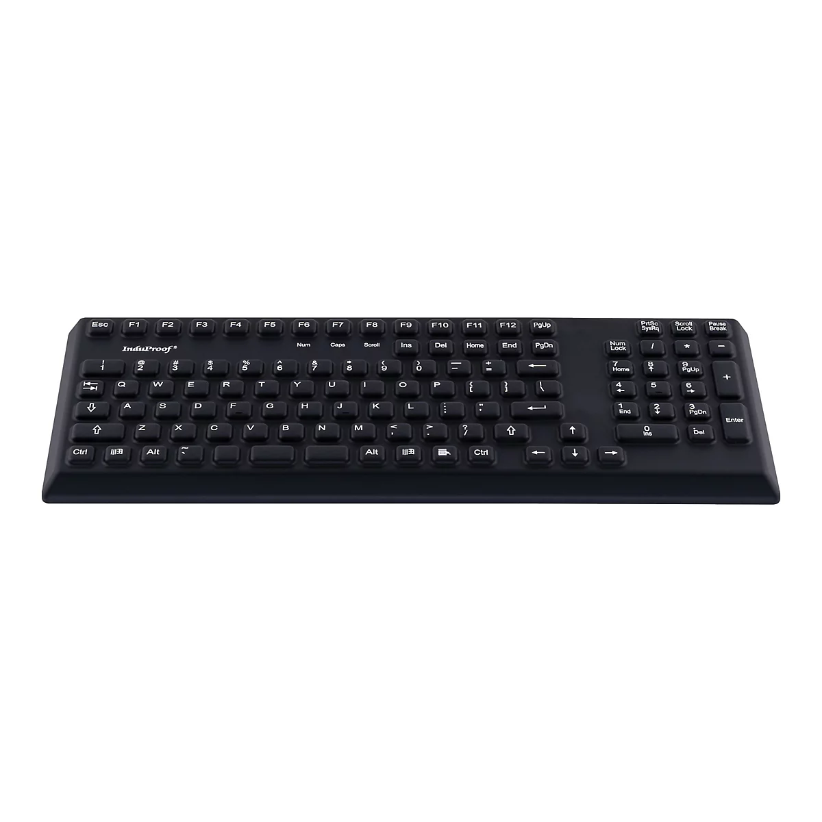 Schwarze Tastatur mit weiÃŸen Buchstaben und Zahlen vor weiÃŸem Hintergrund.