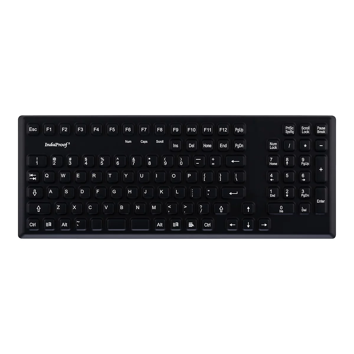 Schwarze Tastatur mit weiÃŸen Beschriftungen. Auf den Tasten stehen Buchstaben, Zahlen und Sonderzeichen.