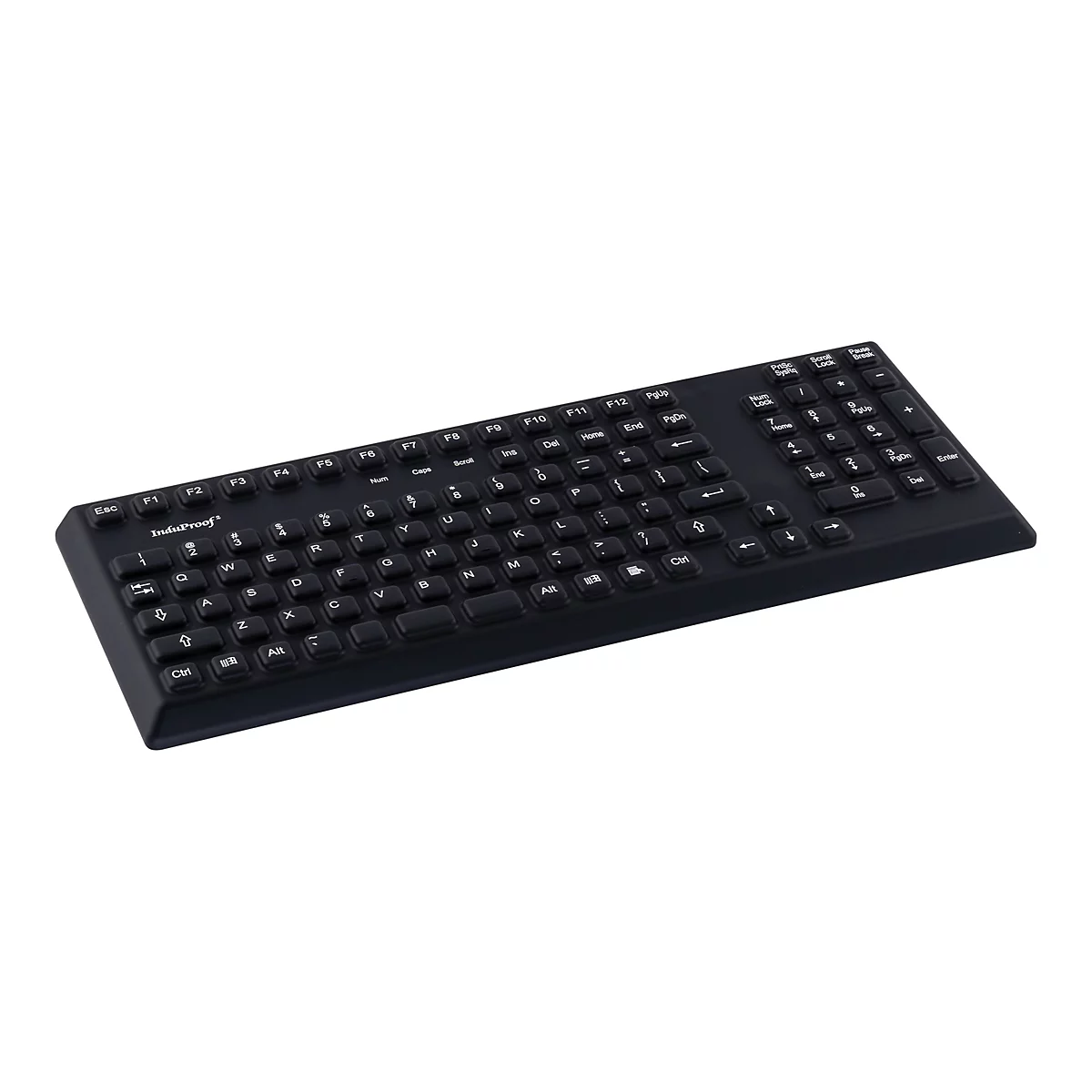 Schwarze Tastatur mit weiÃŸen Buchstaben, Nummernblock und Funktionstasten auf weiÃŸem Hintergrund.