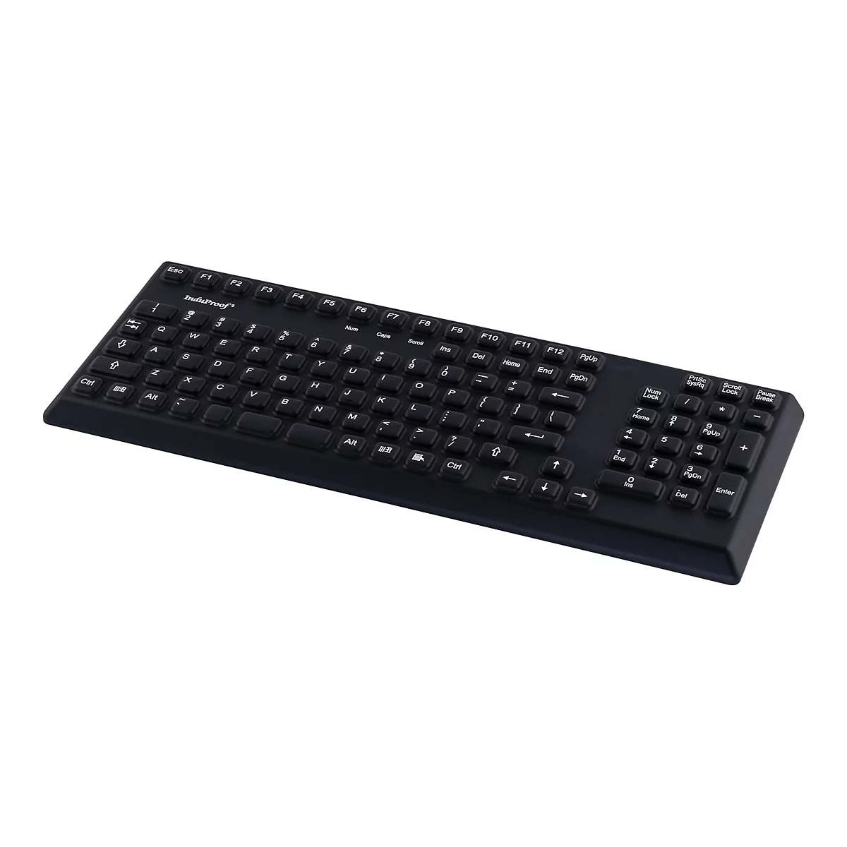 Schwarze Tastatur mit weiÃŸen Tasten, liegt leicht schrÃ¤g vor hellem Hintergrund.