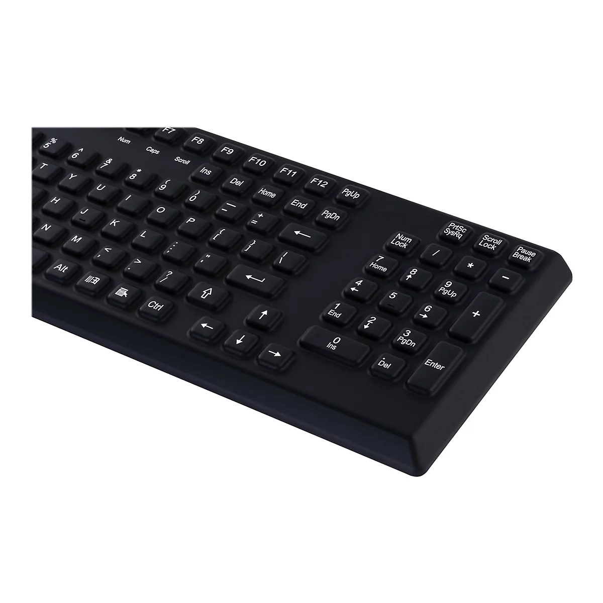Schwarze Computertastatur mit weiÃŸen Tasten, die aus der Perspektive fotografiert wurde. Die alphanumerische Tastatur und ein Nummernblock sind zu sehen.
