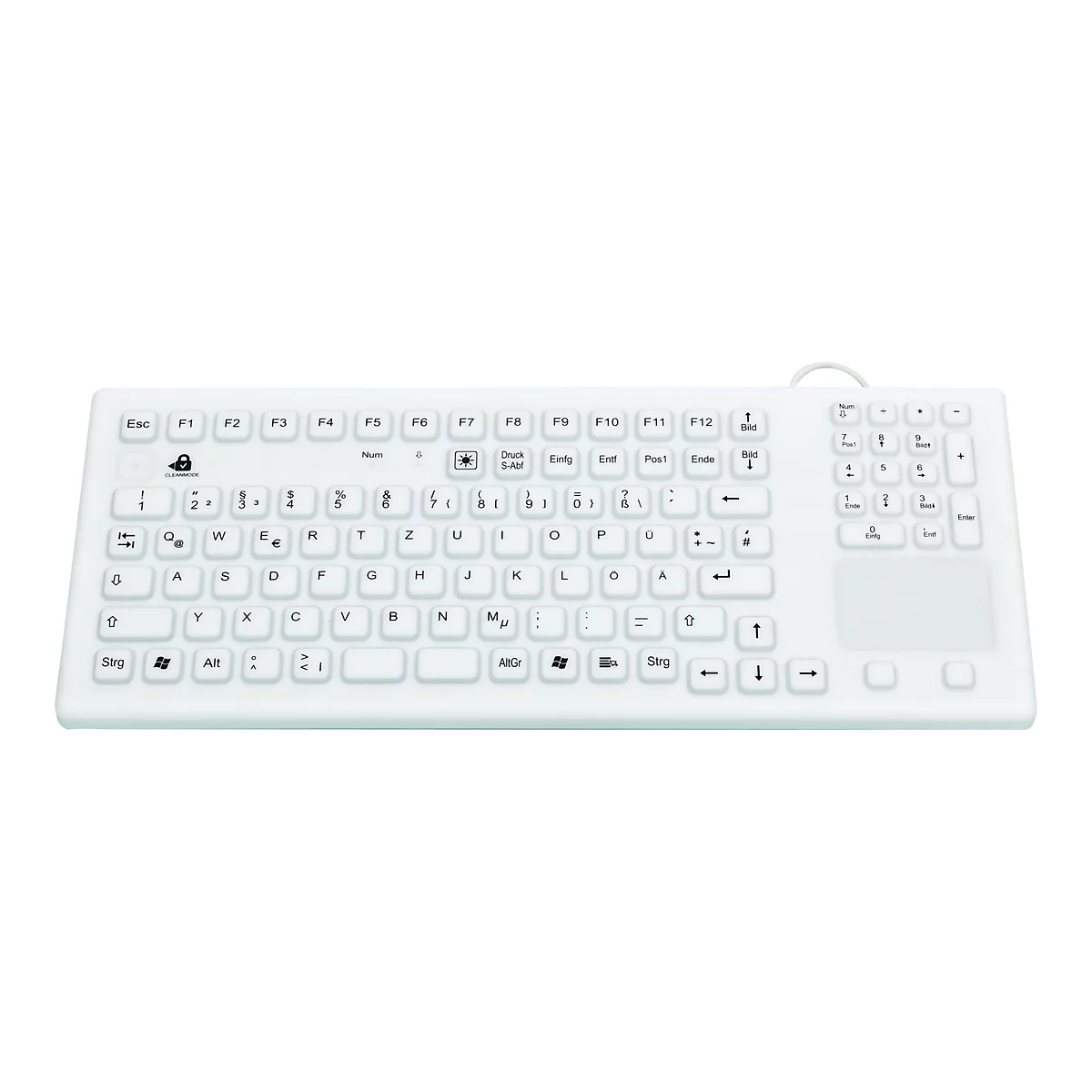Hellweiße Computertastatur mit flachen Tasten und abgerundeten Kanten. Oben: Funktionstasten und Ziffernblock.