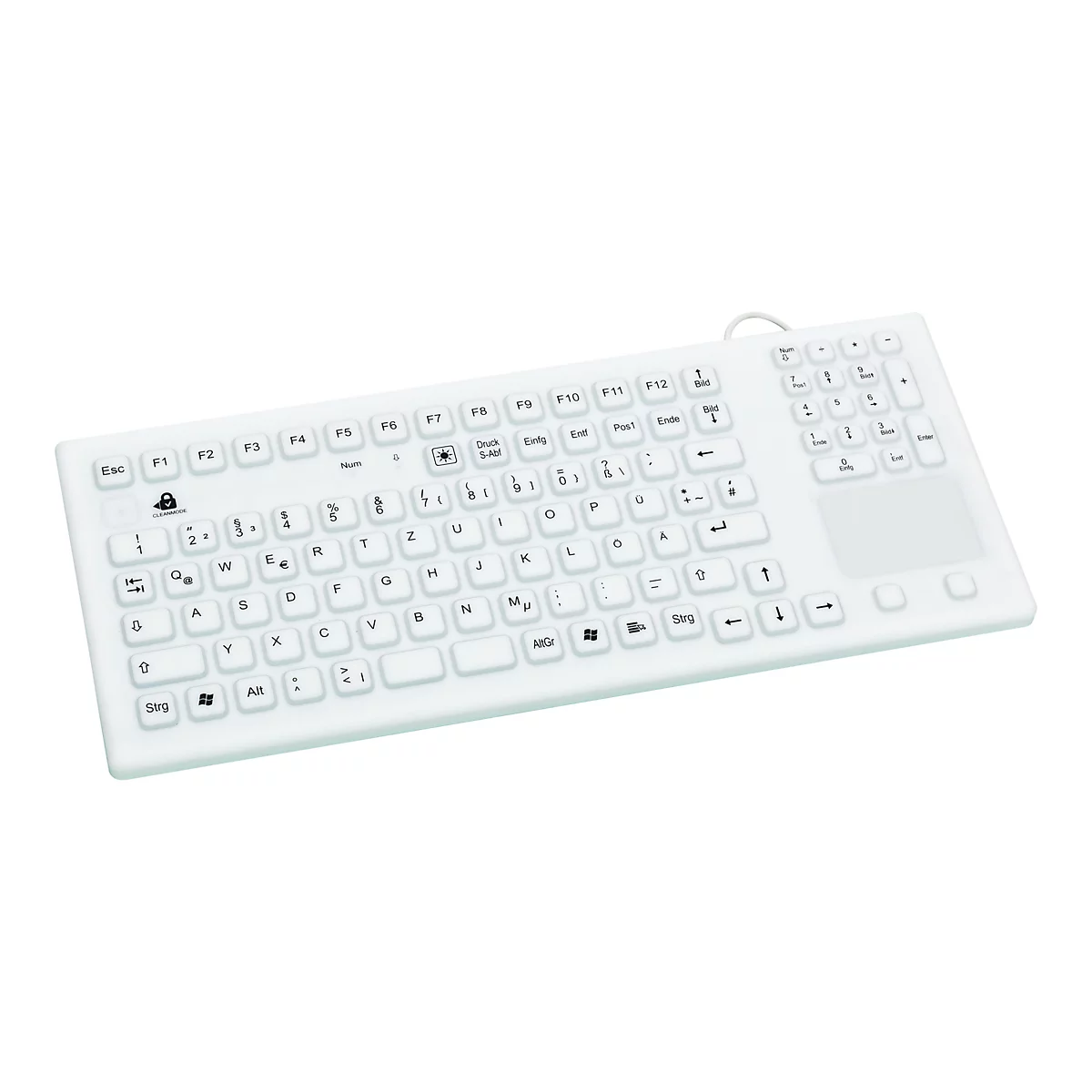 Weiße Tastatur mit Touchpad. Die Tastatur hat deutsche Beschriftung. Tasten: Esc, F1-F12, Num, Strg, Alt, Enter, Pfeiltasten, Ziffernblock.