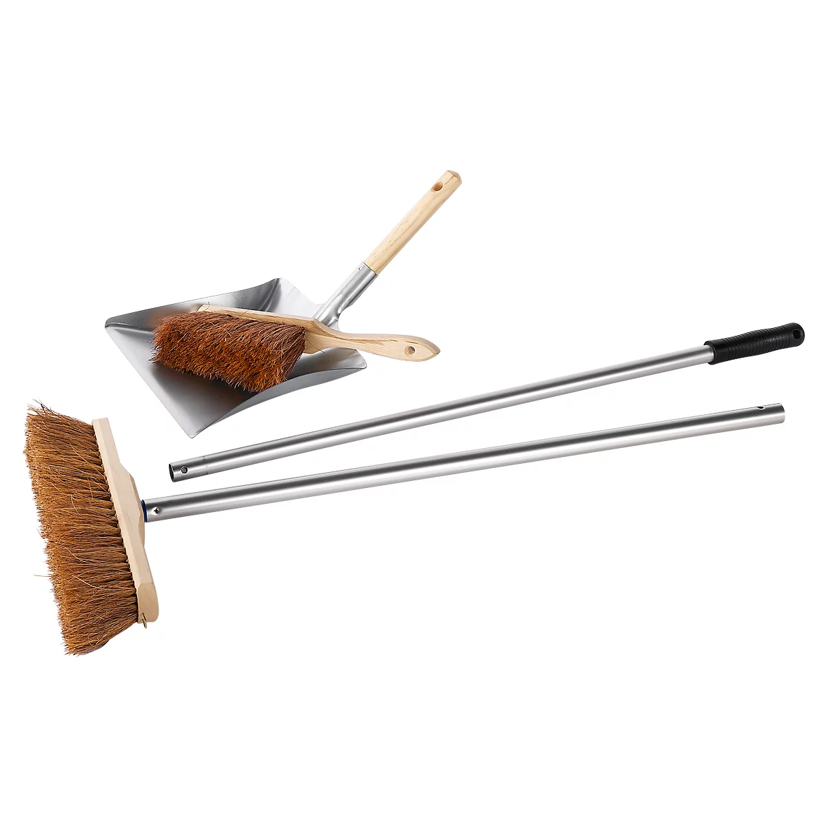 Broom and dustpan set on white background. Broom with wooden handle, metal dustpan.