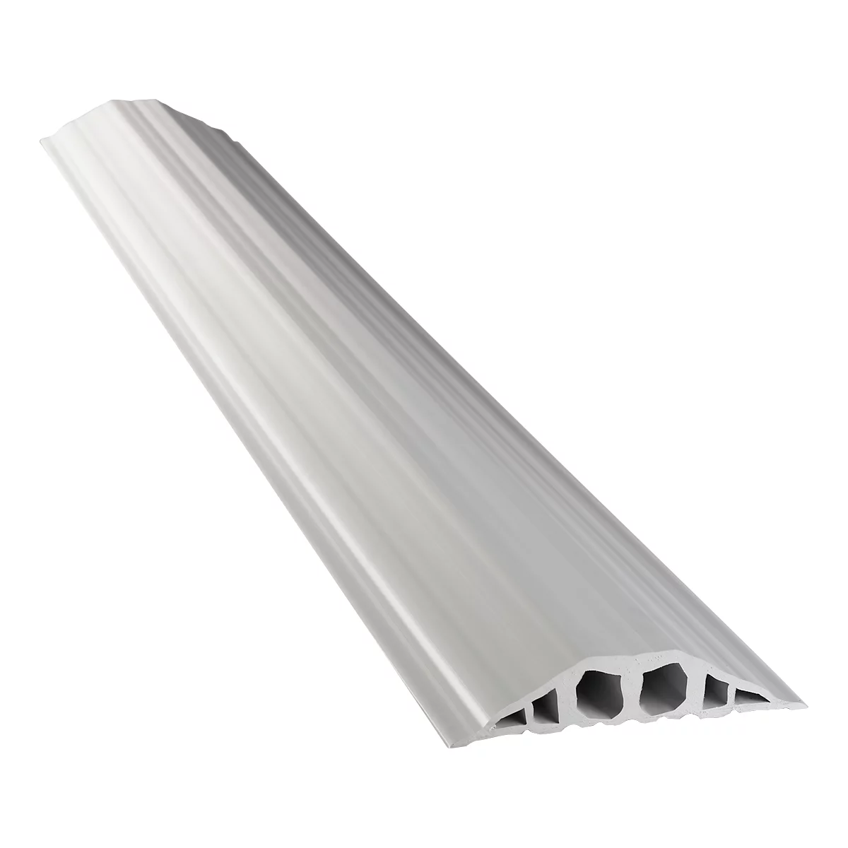 Gray cable duct rail, slightly angled from above, with recesses for cables.