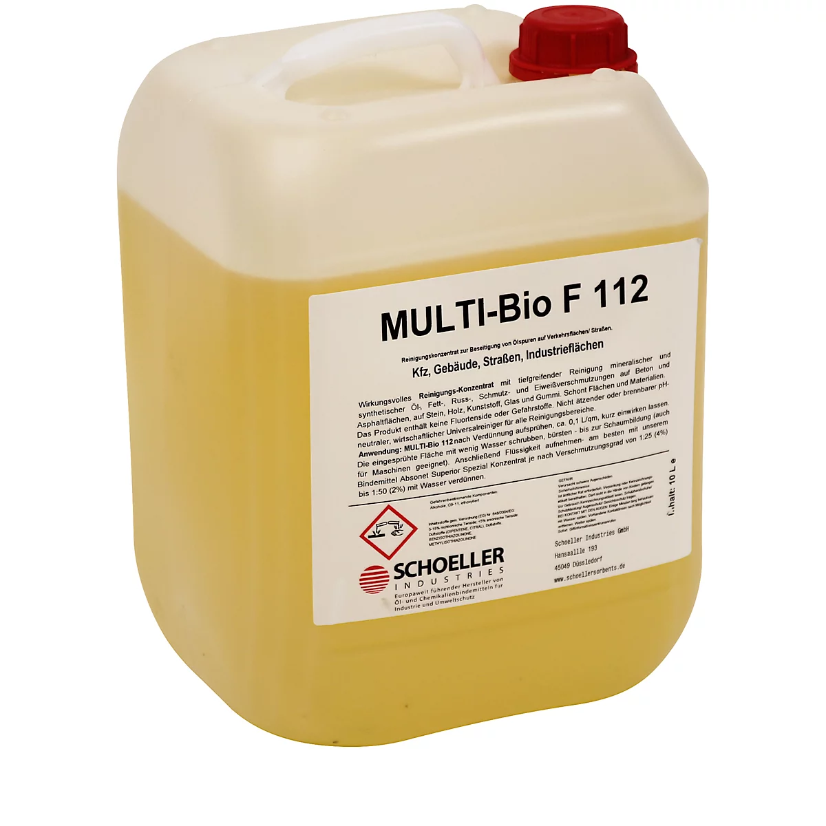 A rectangular, yellow canister with a red lid. The label says MULTI-Bio F 112 and other information.