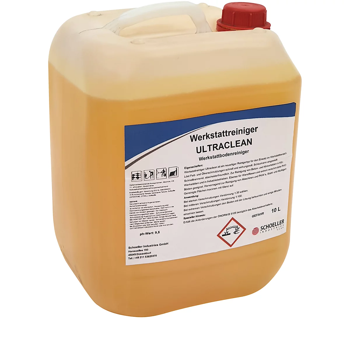 Container of yellow workshop cleaner, labeled: Ultraclean, 10 liters.