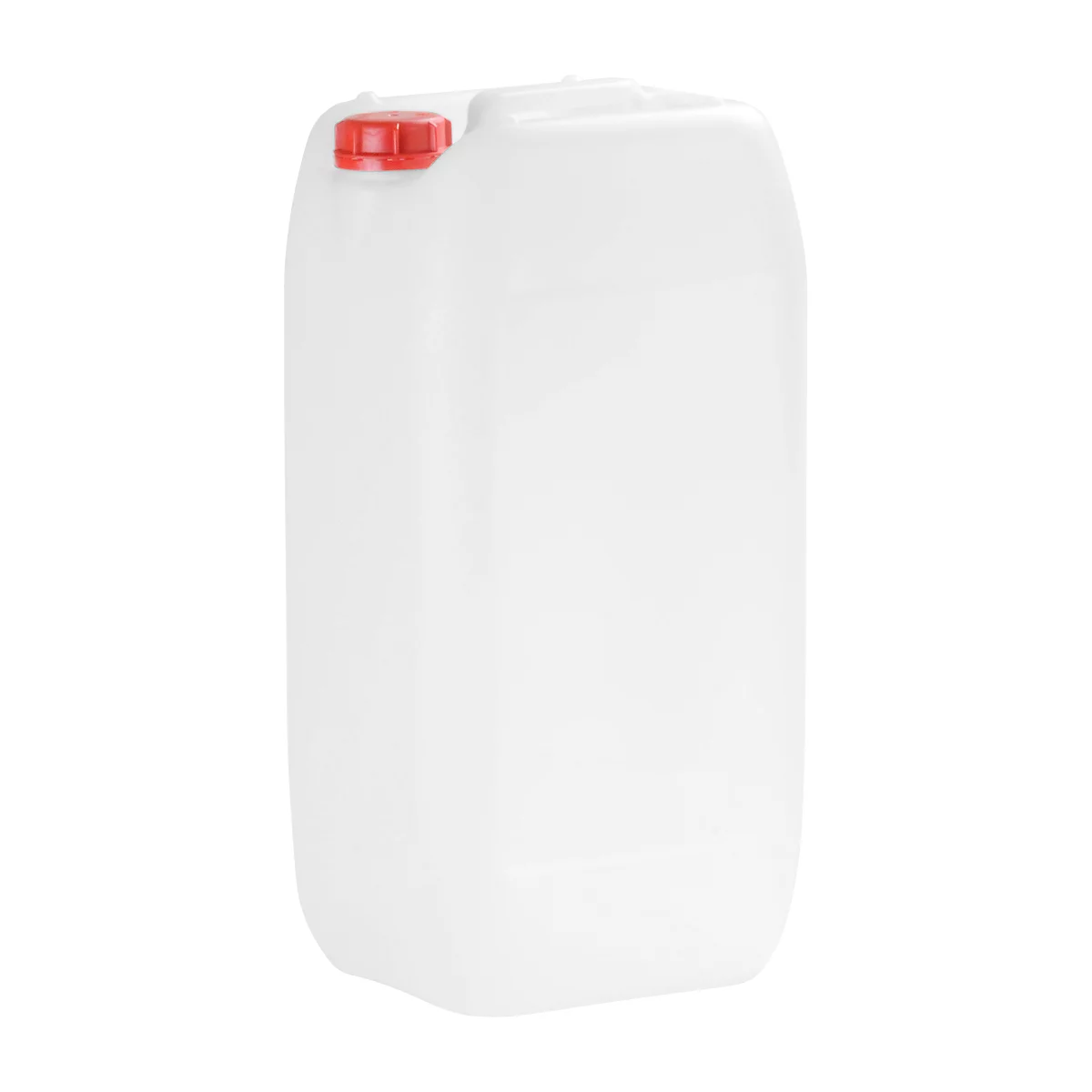 White canister with red lid. Rectangular, rounded corners, lid on the top left.
