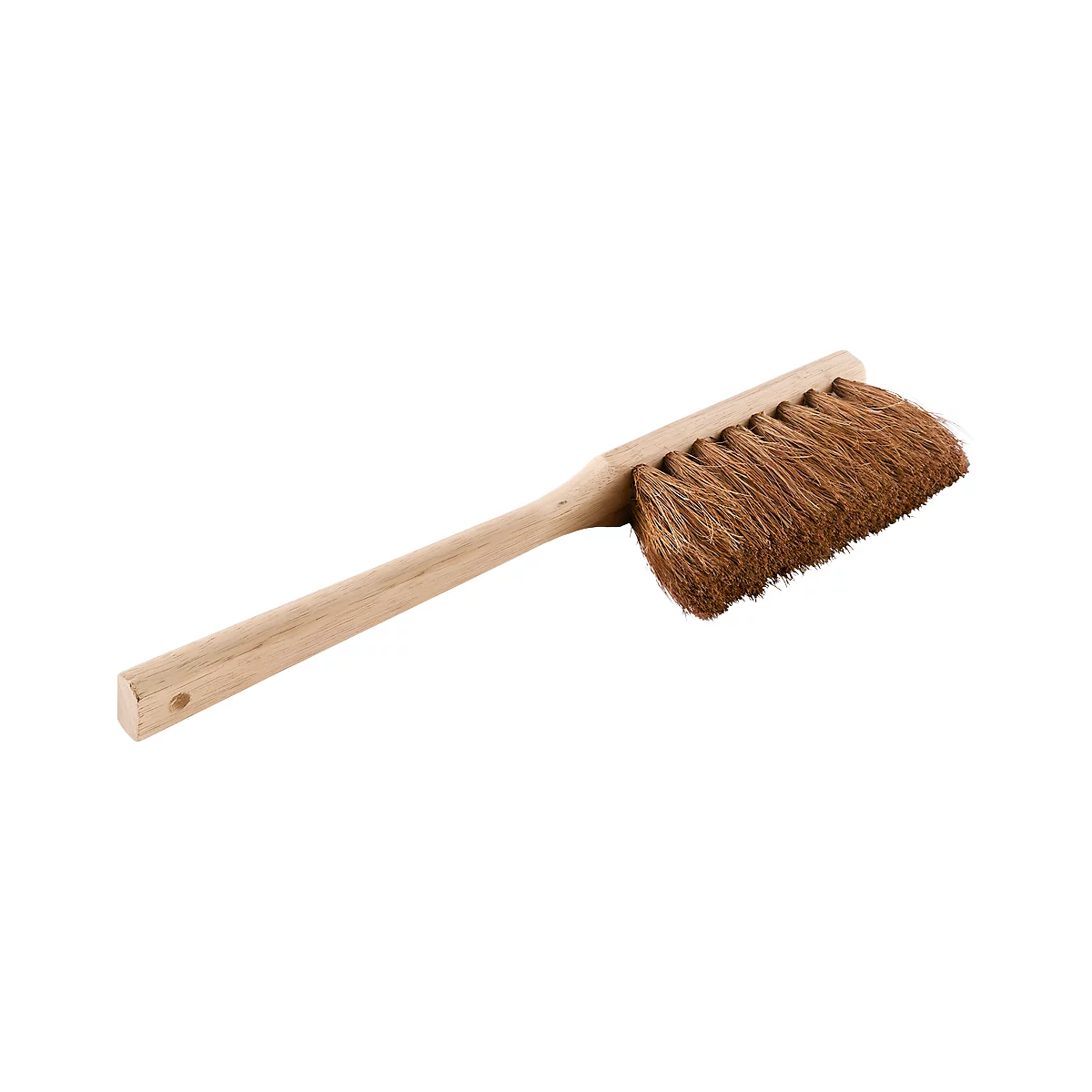 Wooden broom with light wooden handle and brown bristles.