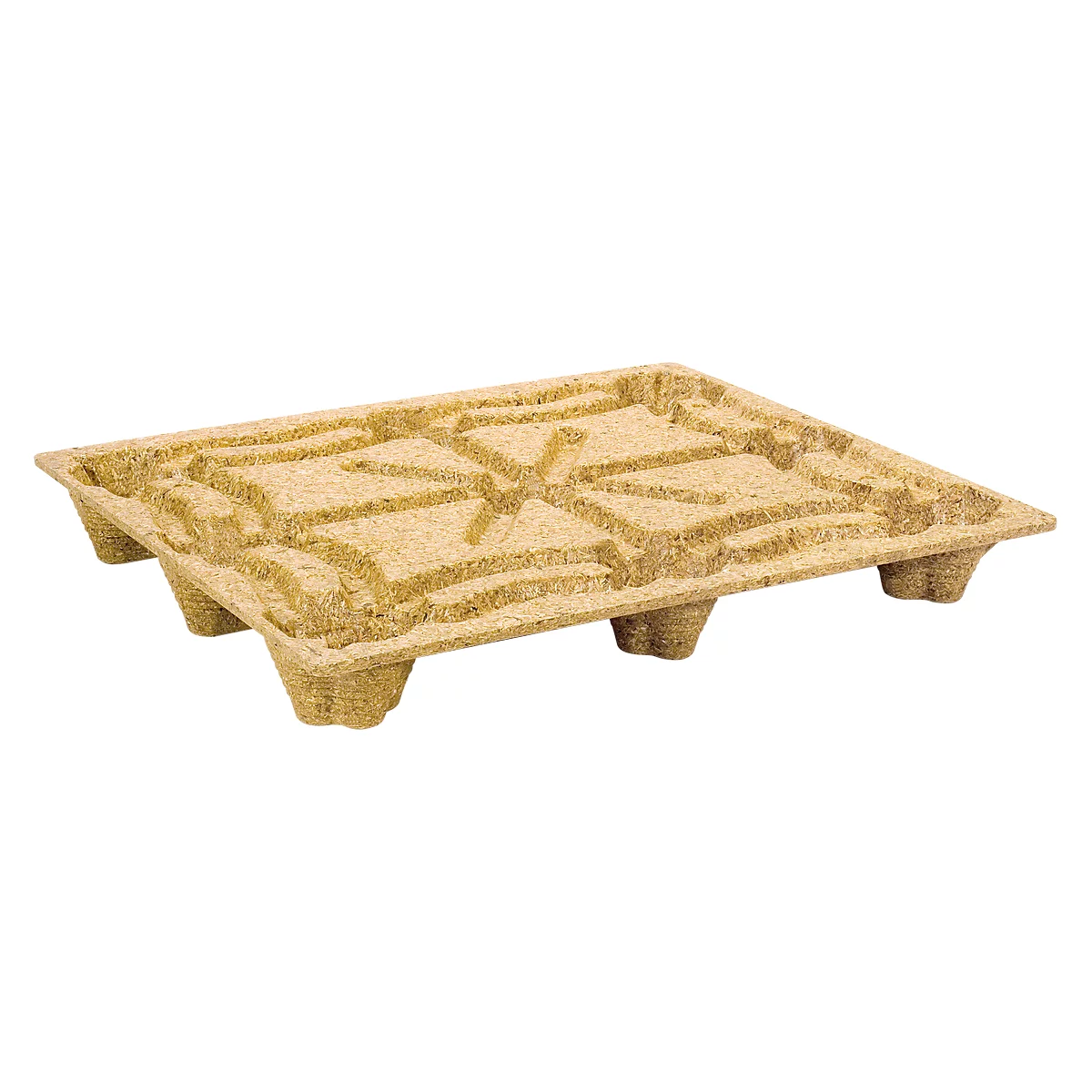 Light brown wooden pallet, square, with textured surface and legs.