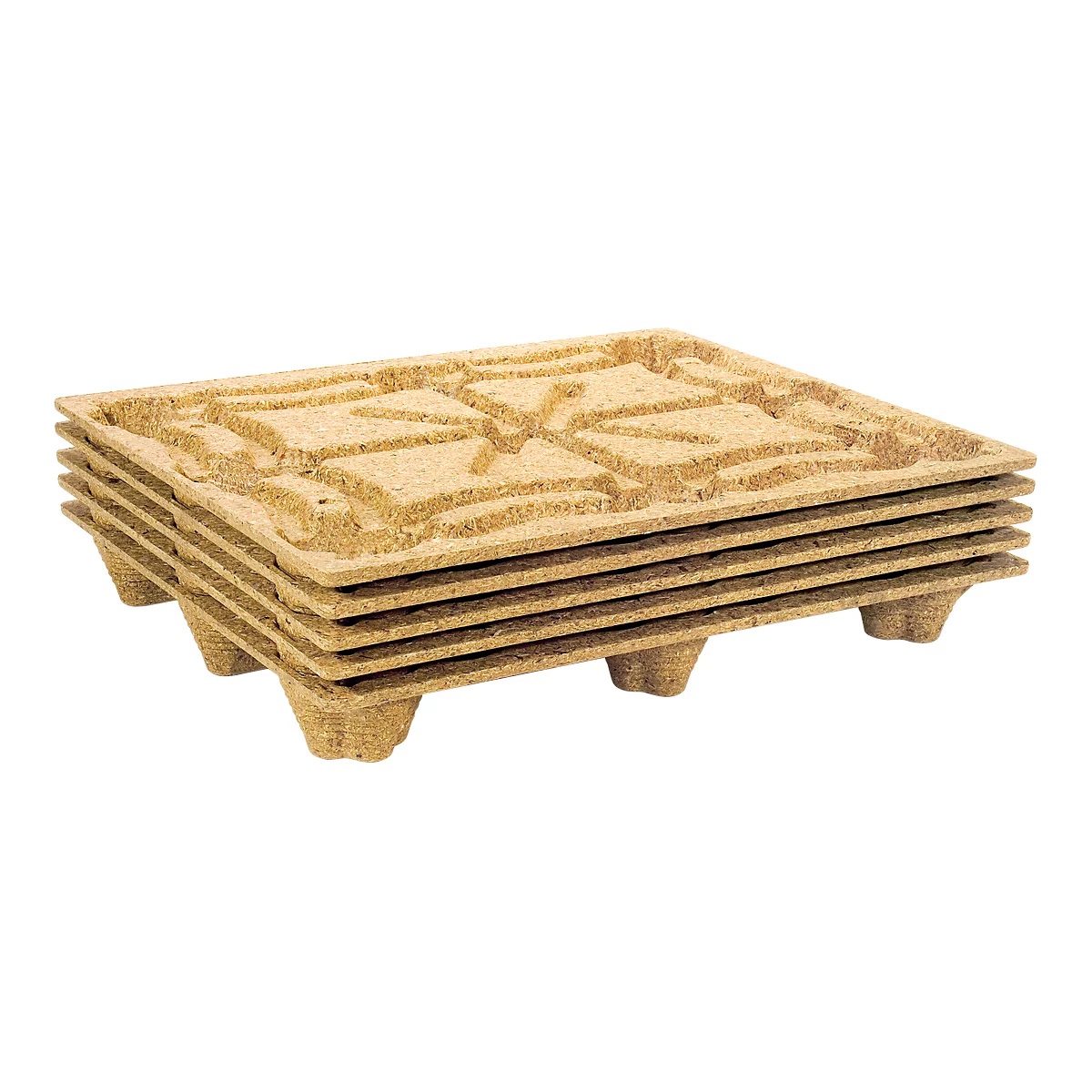 A stack of six light brown pallets, designed for the transportation of goods.