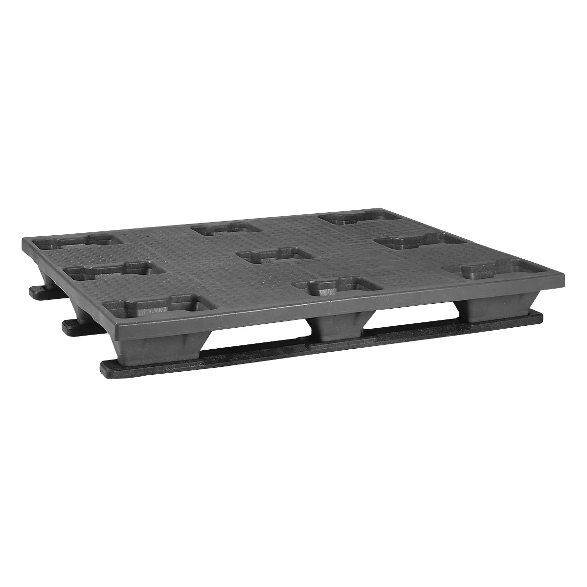 A gray plastic pallet with cutouts and feet.