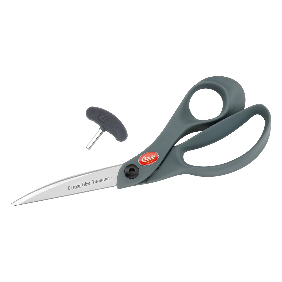 Gray scissors and tool on a white background. The scissors have the inscription "ExtremEdge Titanium".