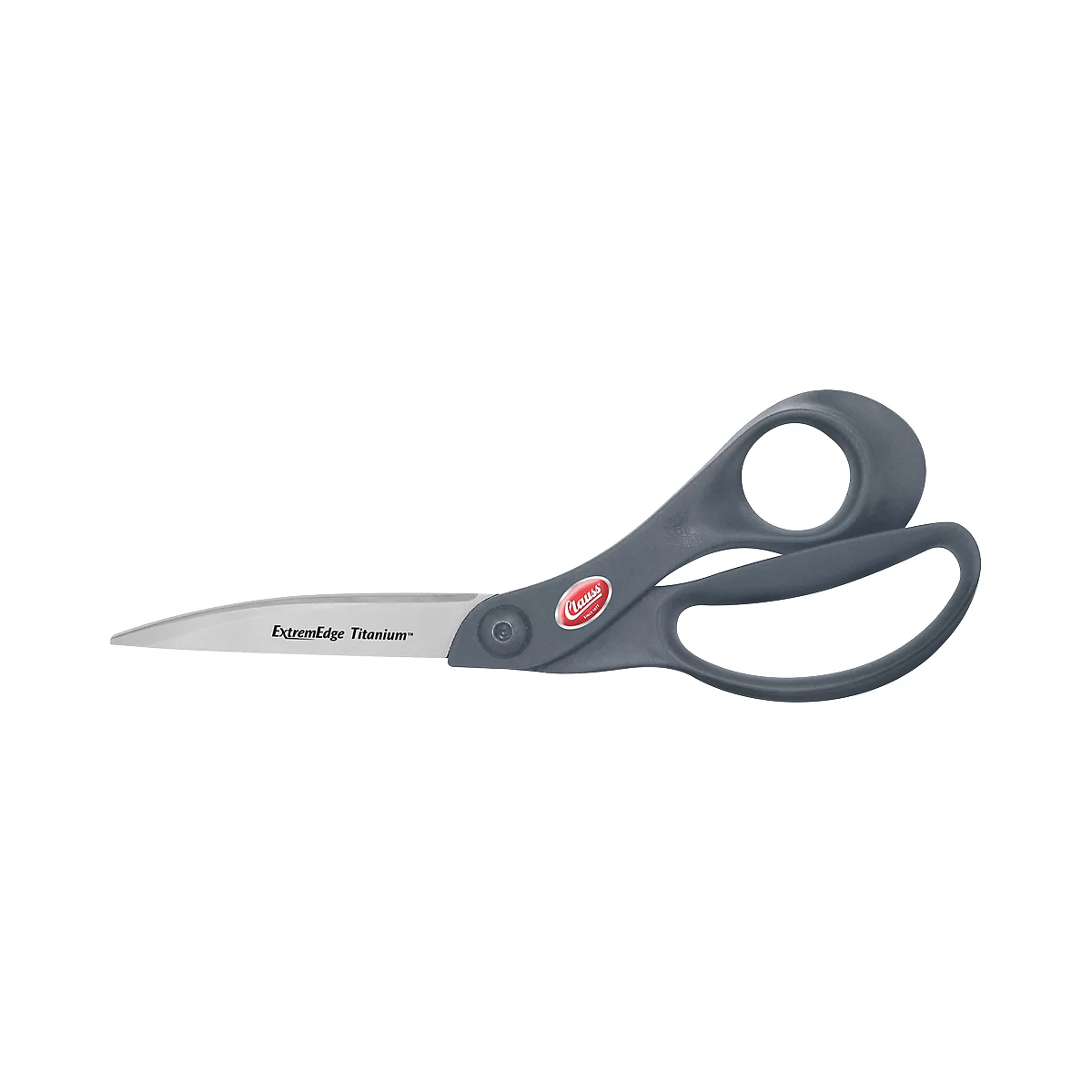Gray scissors with the text "ExtremEdge Titanium". Red sticker with "Clauss".