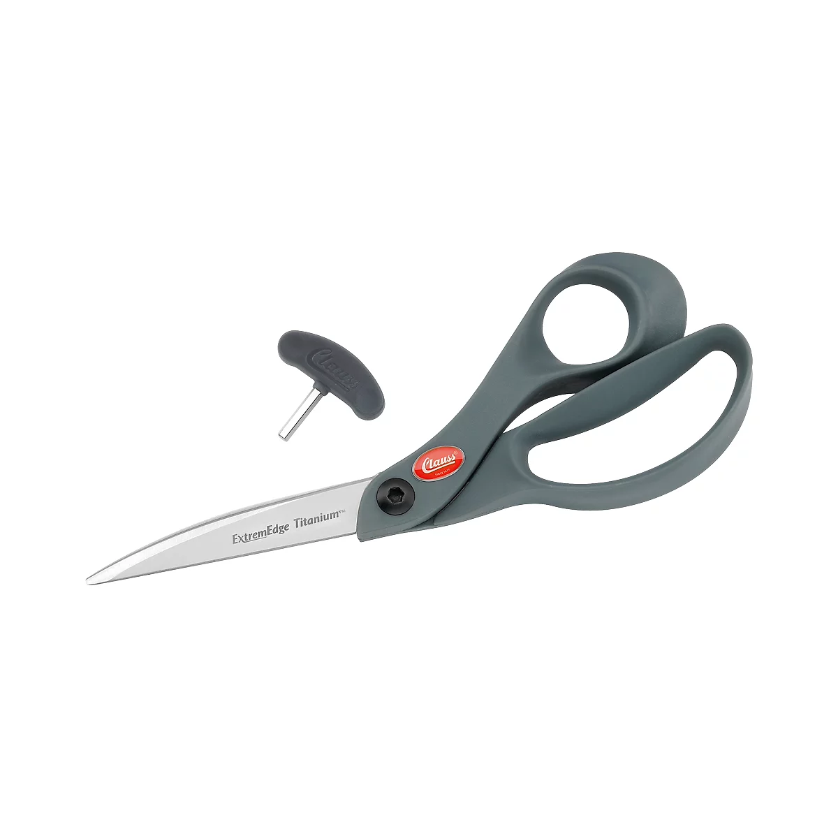 Gray scissors with a red logo and tool next to it. The blade says "ExtremEdge Titanium".