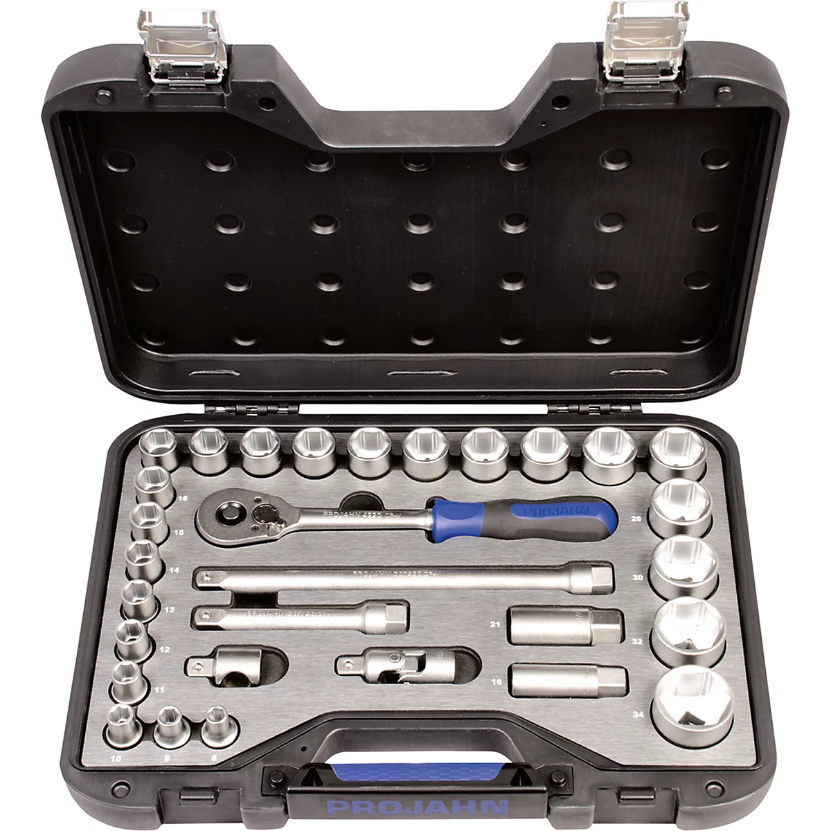 Toolbox with various wrenches and accessories. The box is open and contains a variety of tools.