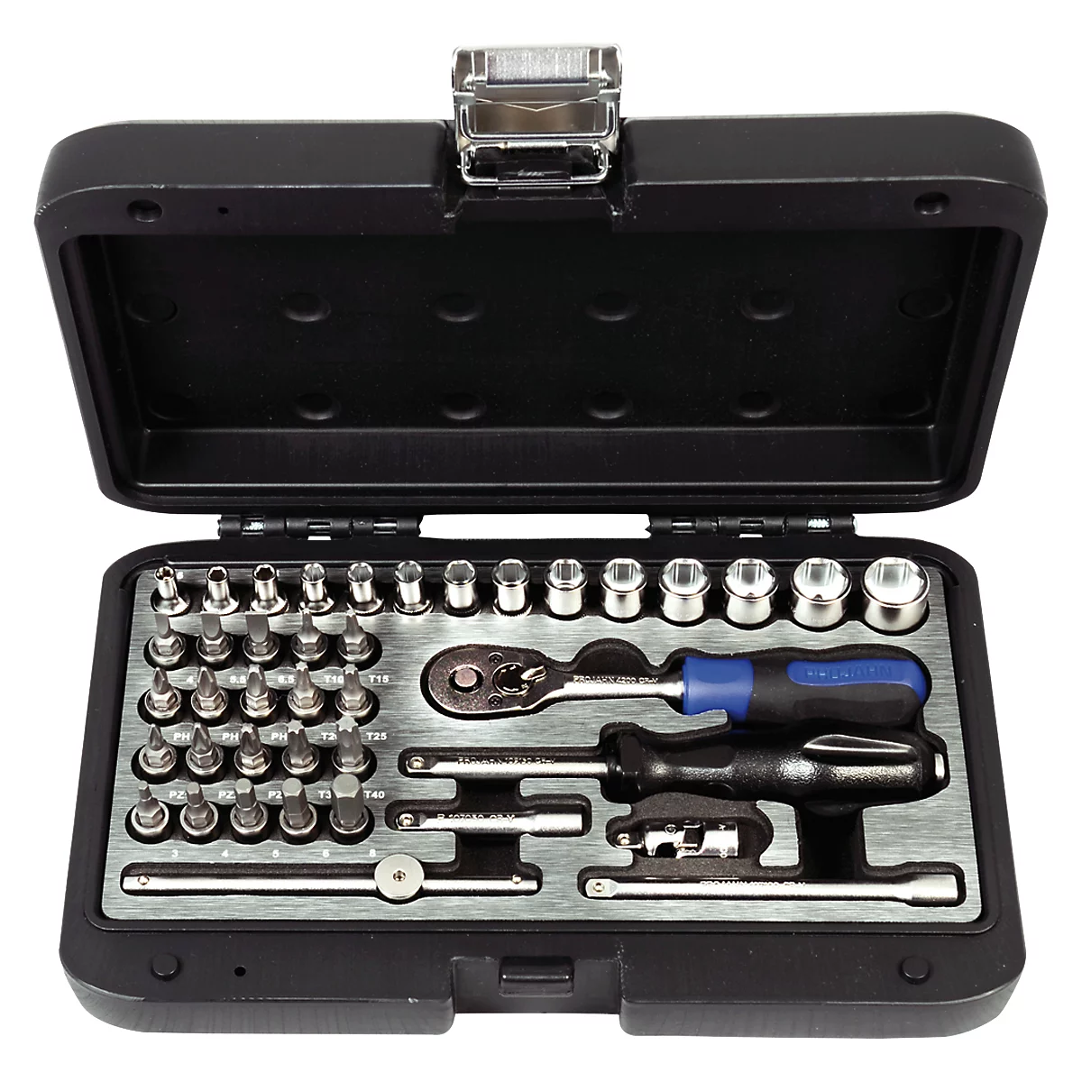 Tool kit with wrenches and accessories. Black case, silver interior. Blue wrench.