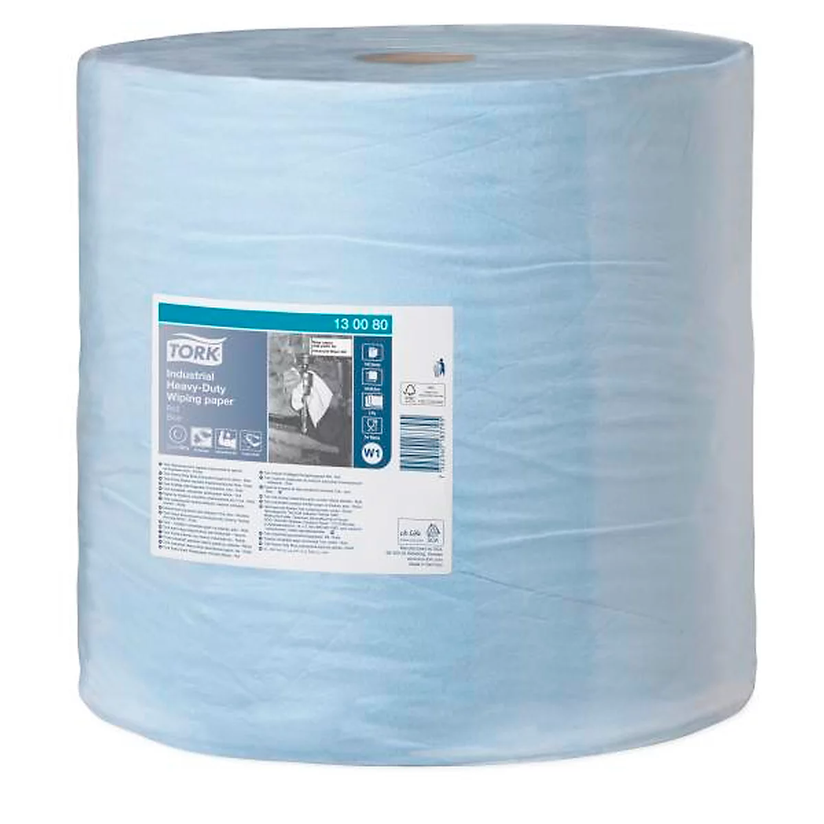 Light blue paper roll. Sticker with product information.