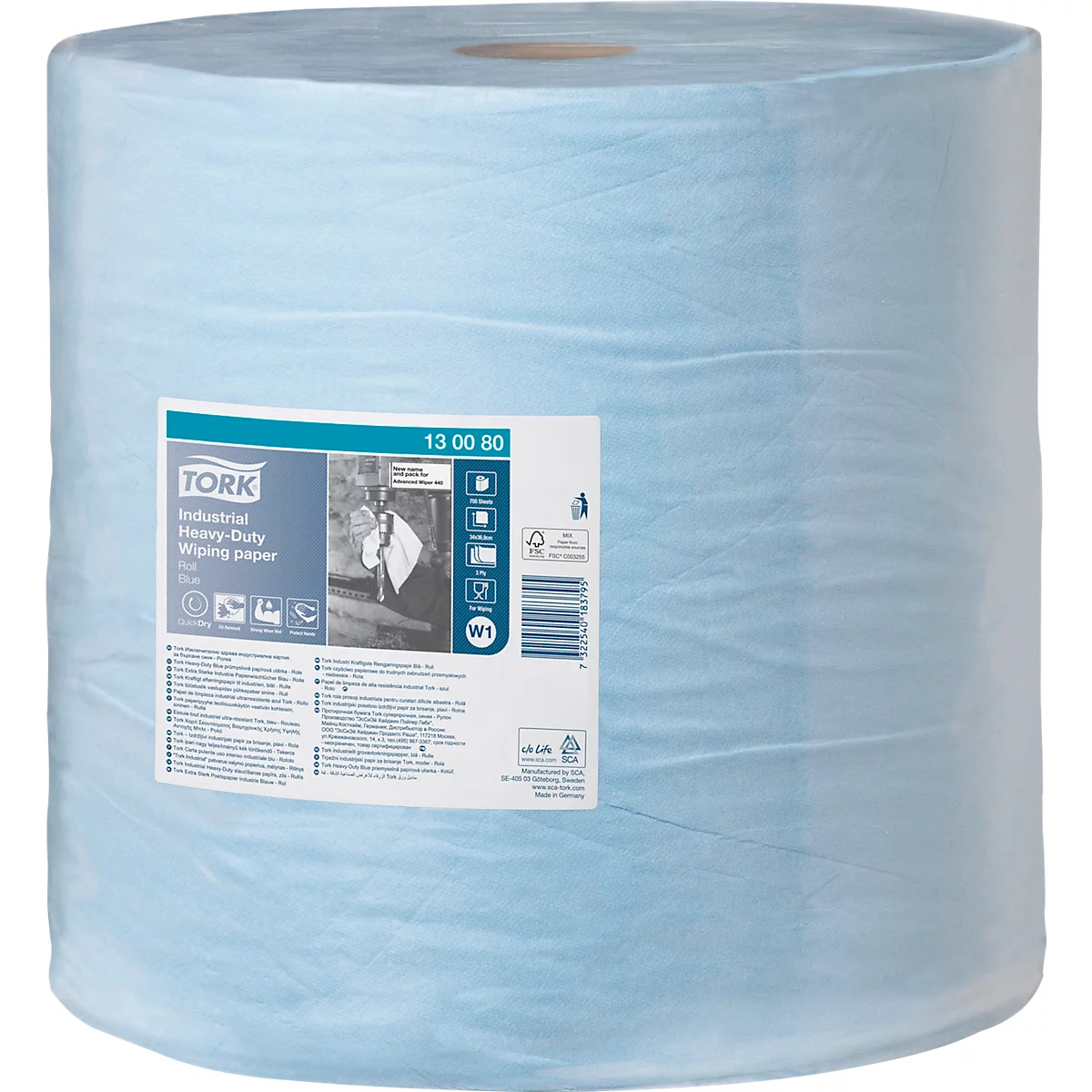 Blaue Tork Industrie-Wischpapierrolle auf weissem Hintergrund mit Produktetikett.