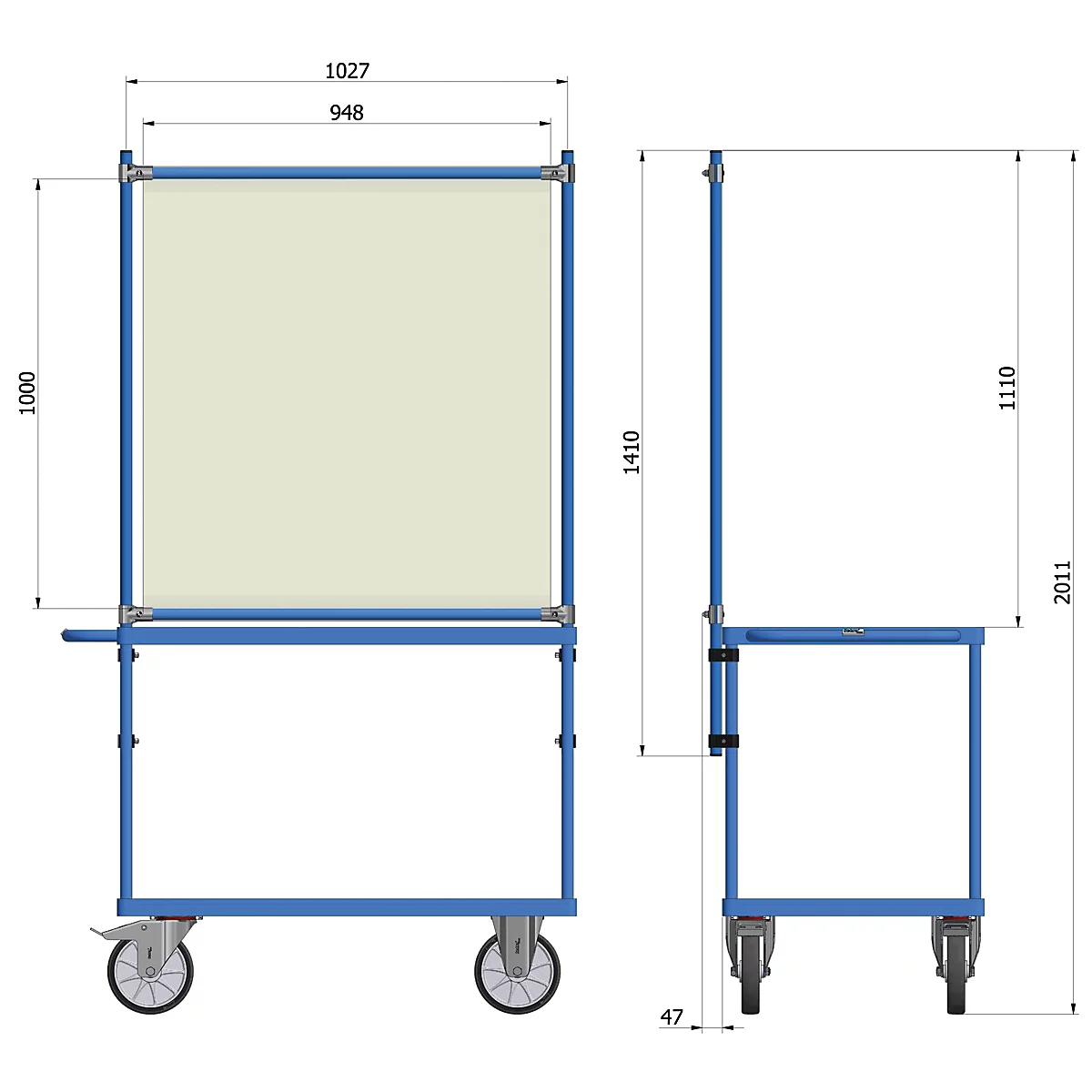 Infektionsschutzrahmen 5900 für fetra Transportgeräte, Stahlrohr/PVC-Folie, brillantblau RAL 5007/glasklar, L 910 x B 49 x H 1410 mm