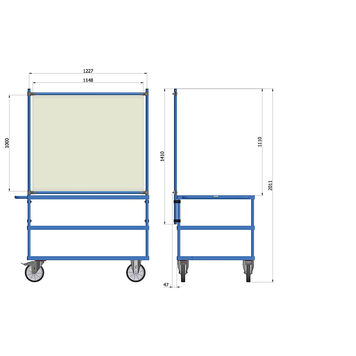 Infektionsschutzrahmen 5903 für fetra Transportgeräte, Stahlrohr/PVC-Folie, brillantblau RAL 5007/glasklar, L 1260 x B 49 x H 1410 mm