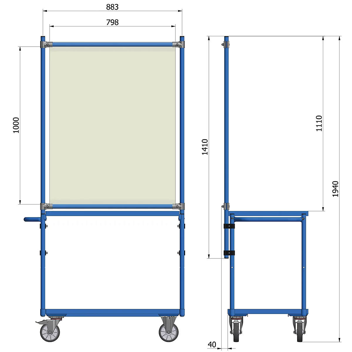 Infektionsschutzrahmen 5940 für fetra Transportgeräte, Stahlrohr/PVC-Folie, brillantblau RAL 5007/glasklar, L 916 x B 49 x H 1410 mm