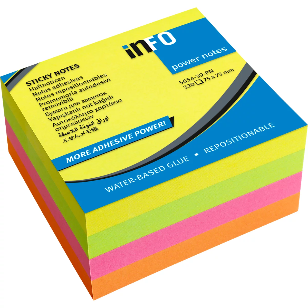 inFO Power Notes cube de notes adhésives, 75 x 75 mm, 320 feuilles, blanc, 3 couleurs