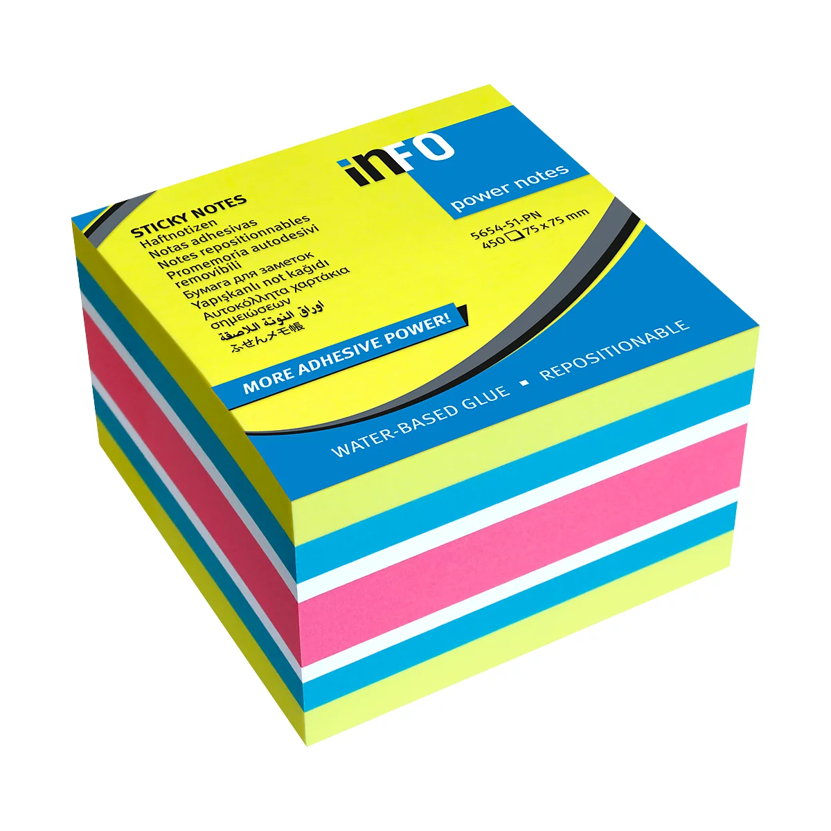 inFO Power Notes cube de notes adhésives, 75 x 75 mm, 450 feuilles, blanc, 4 couleurs
