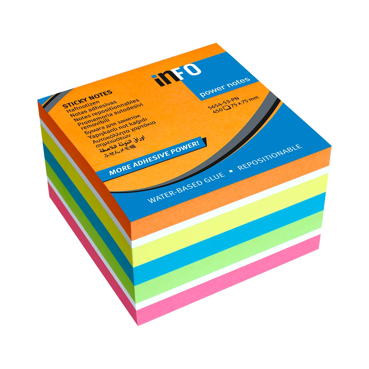inFO Power Notes Haftnotizwürfel, 75 x 75 mm, 450 Blatt, blanko, 6 Farben