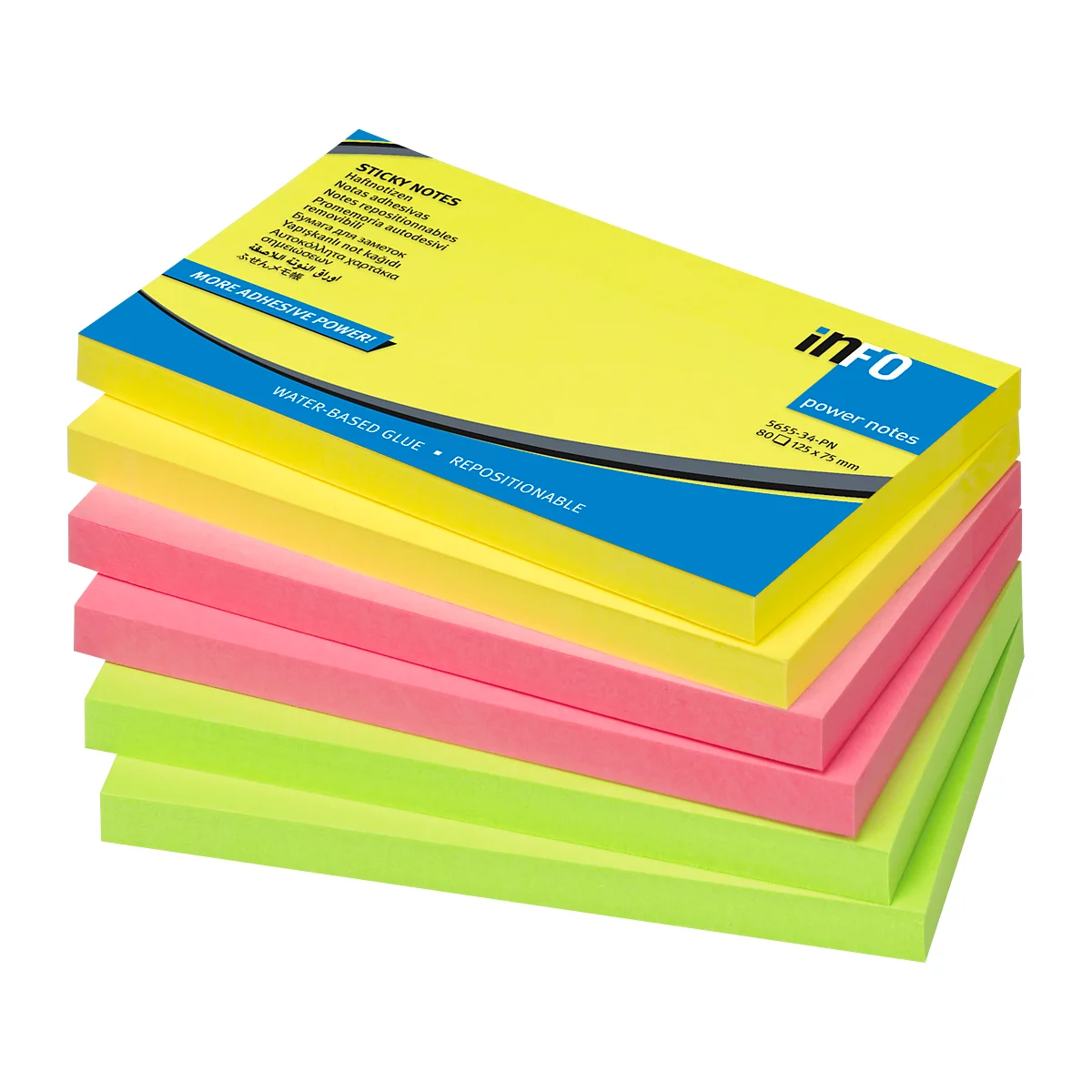 inFO Power Notes plakbriefjes, 125 x 75 mm, 80 vel per pad, 6 pads, 3 kleuren