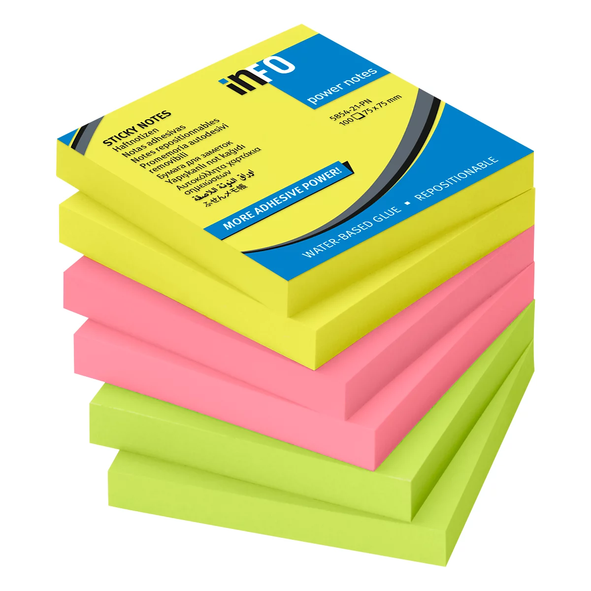 inFO Power Notes plakbriefjes, 75 x 75 mm, 80 vellen per pad, 6 pads, 3 kleuren